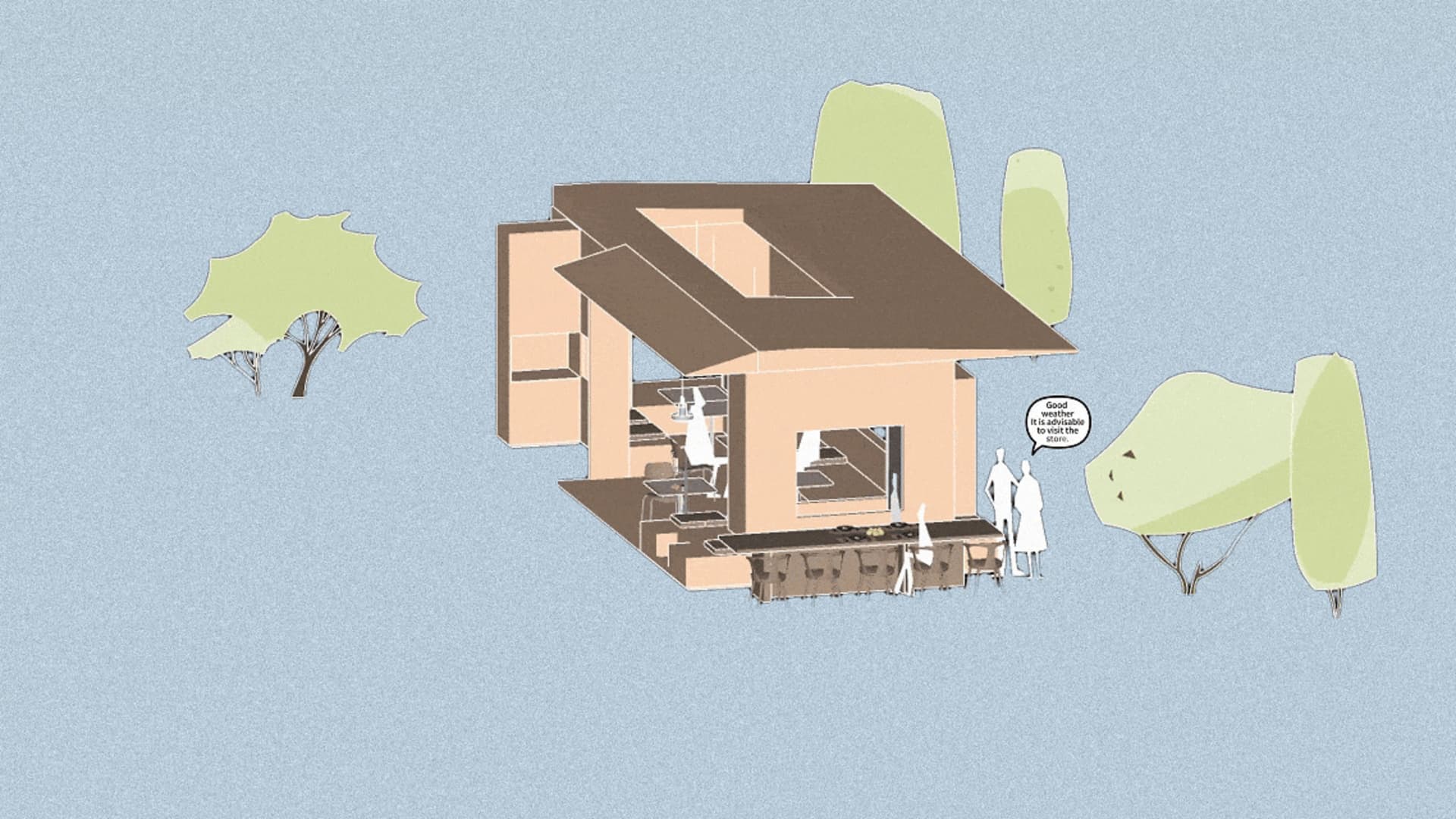 A modern house with a glass exterior and concrete walls.