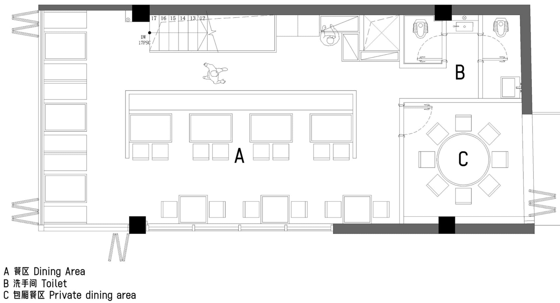 現代餐廳用餐區平面圖,搭配磚地與金屬餐桌。