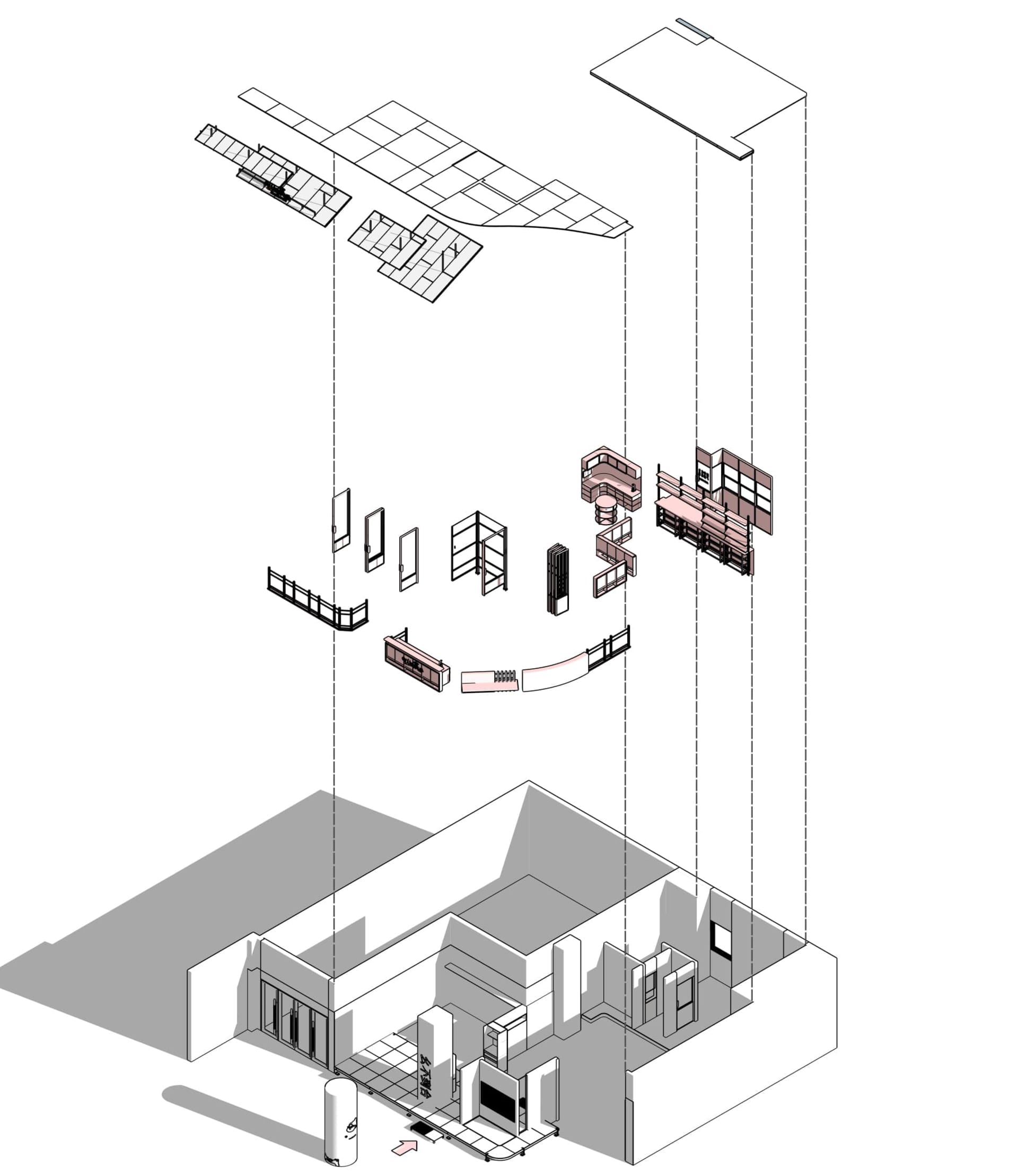 Isometric view of a retail storefront with glass facade panels and structural beams.