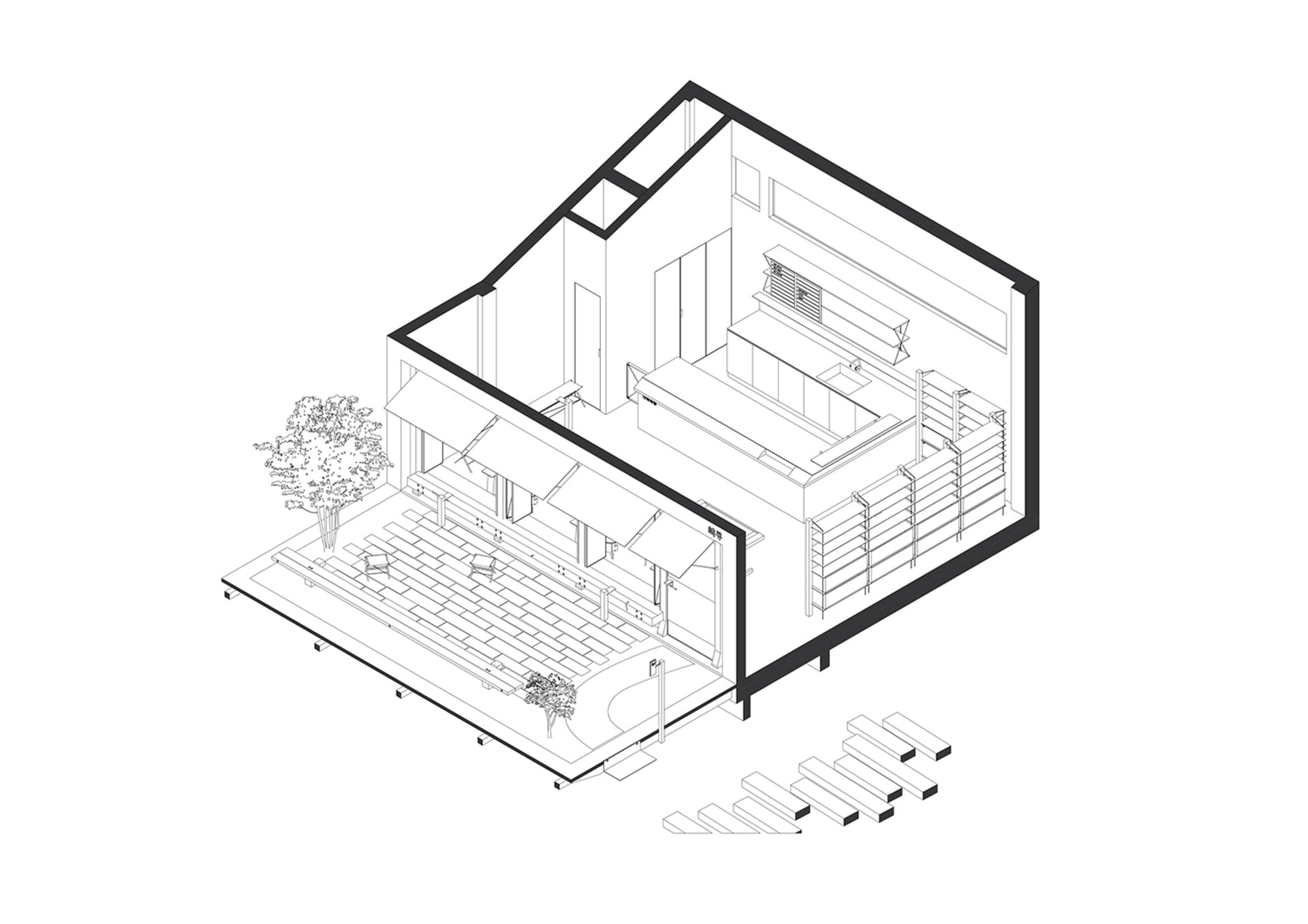 Minimalist residential floor plan with wood, metal, and glass materials.