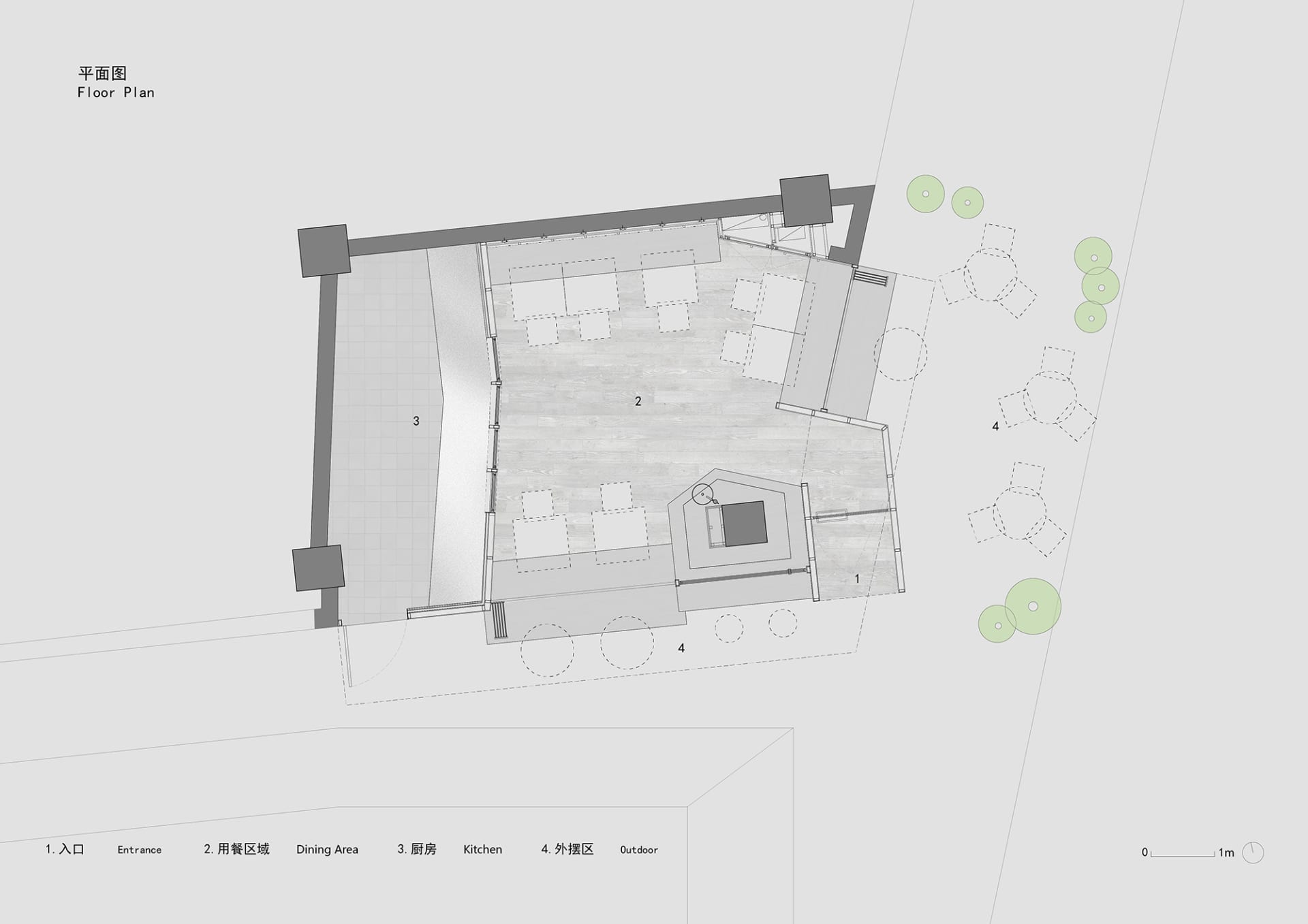 木質餐廳室內平面圖,包含用餐座位區、餐桌以及戶外座位區。