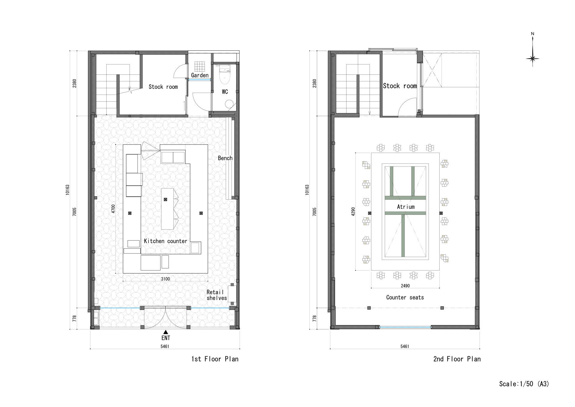 現代室內建築平面圖，展示廚房、餐廳與座位區。