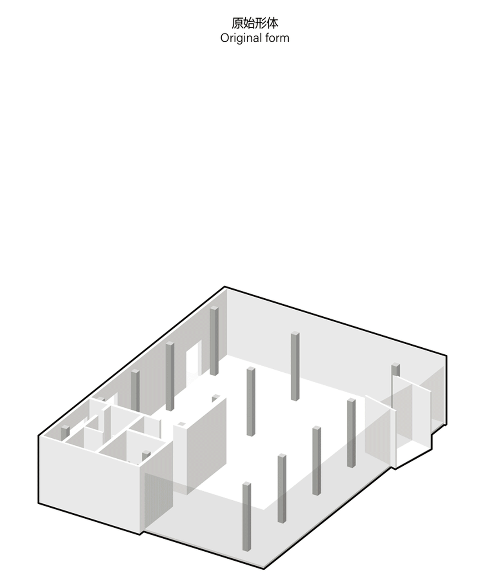 以等角視角呈現的大廳3D建築插圖,內有混凝土柱。