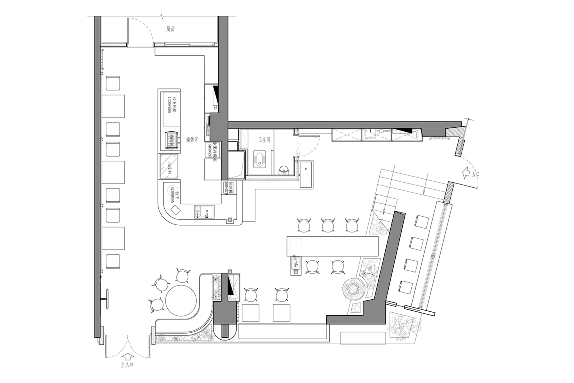 A detailed black and white architectural floor plan of a modern restaurant's layout, showing kitchen, dining area, and operat