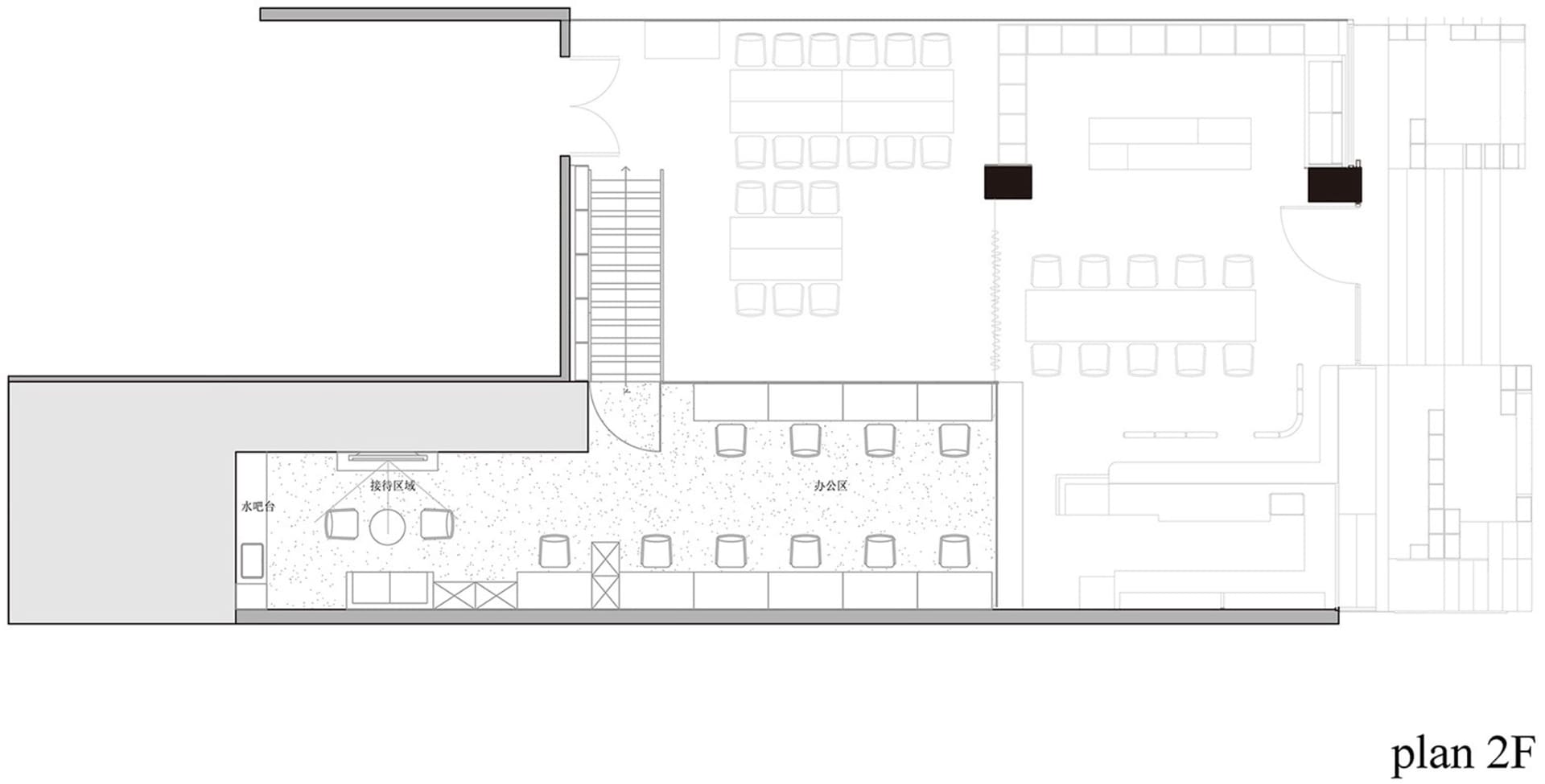 Floor plan detailing an office space layout with desks, chairs, and meeting areas.