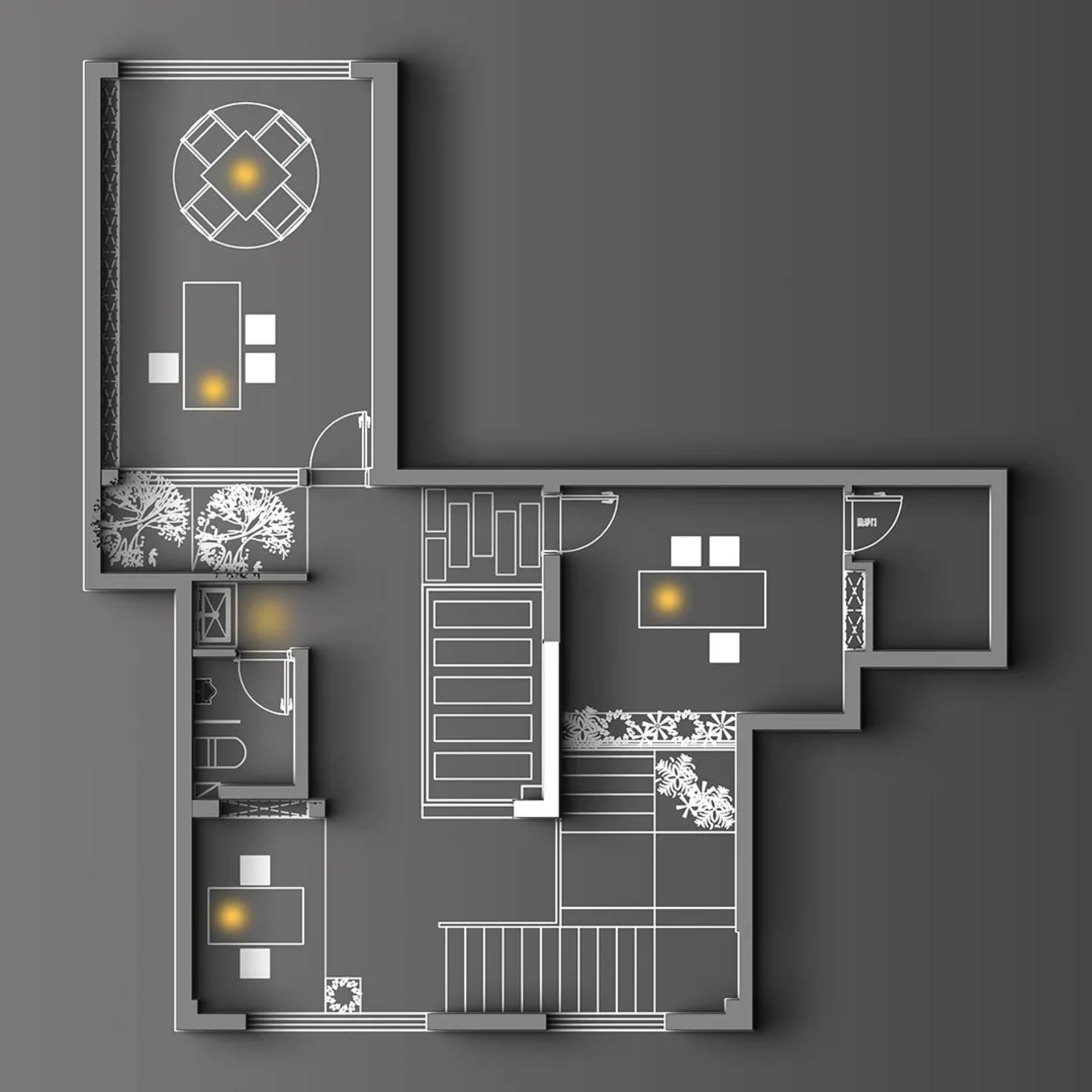 A residential floor plan depicting a home with a gray-brown color scheme.