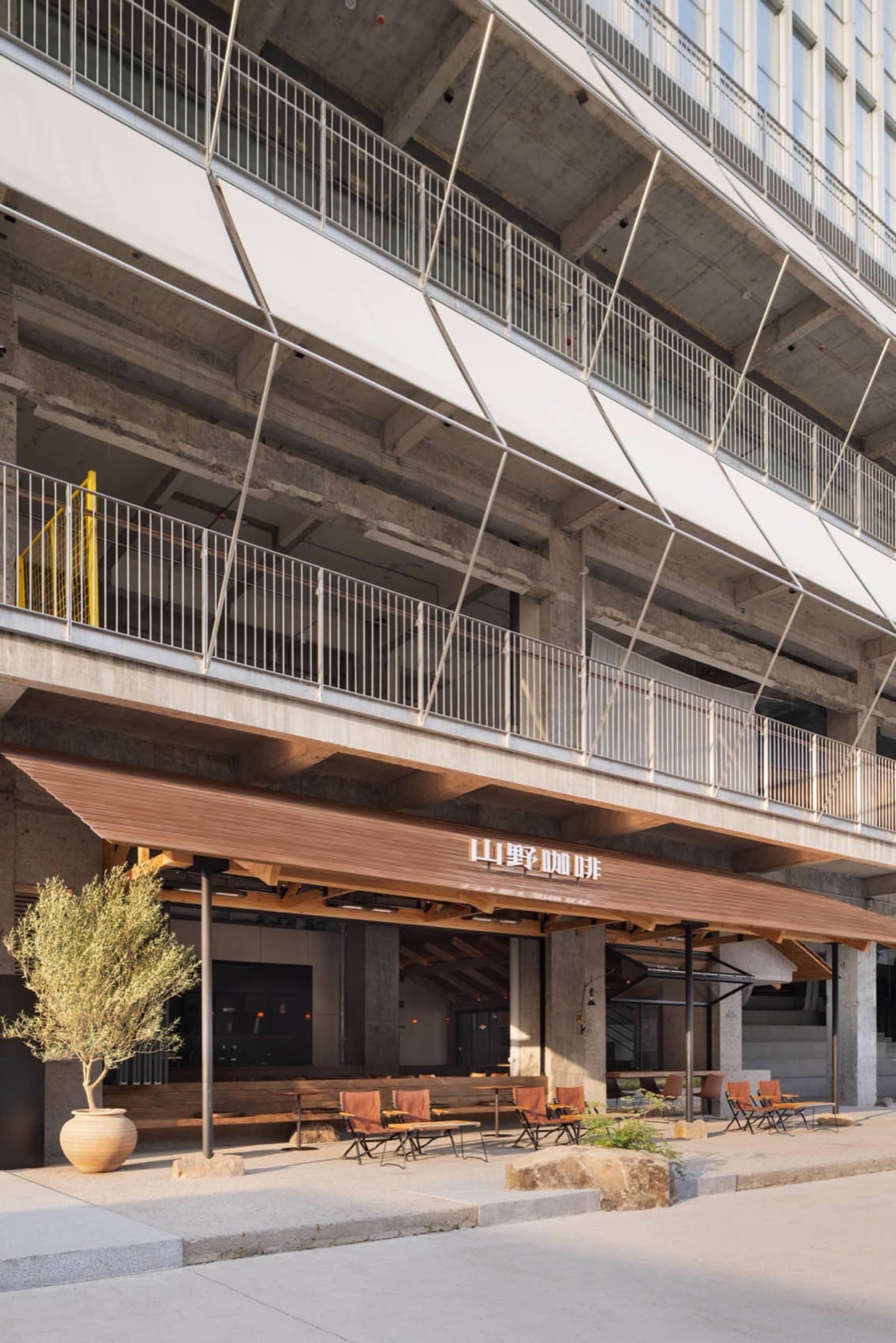 Concrete restaurant exterior with modern design elements
