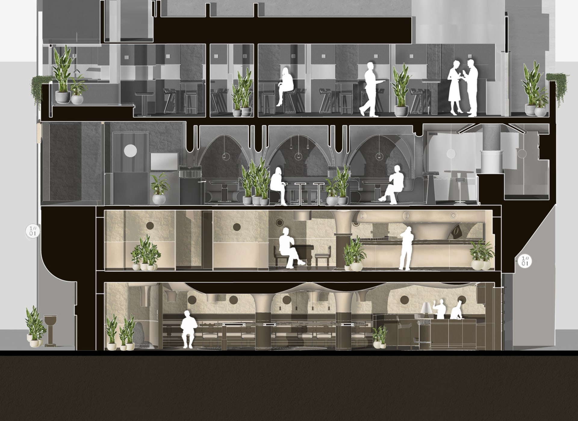 現代餐廳室內的剖面視圖,展示各種座位安排、植物與吧台空間。