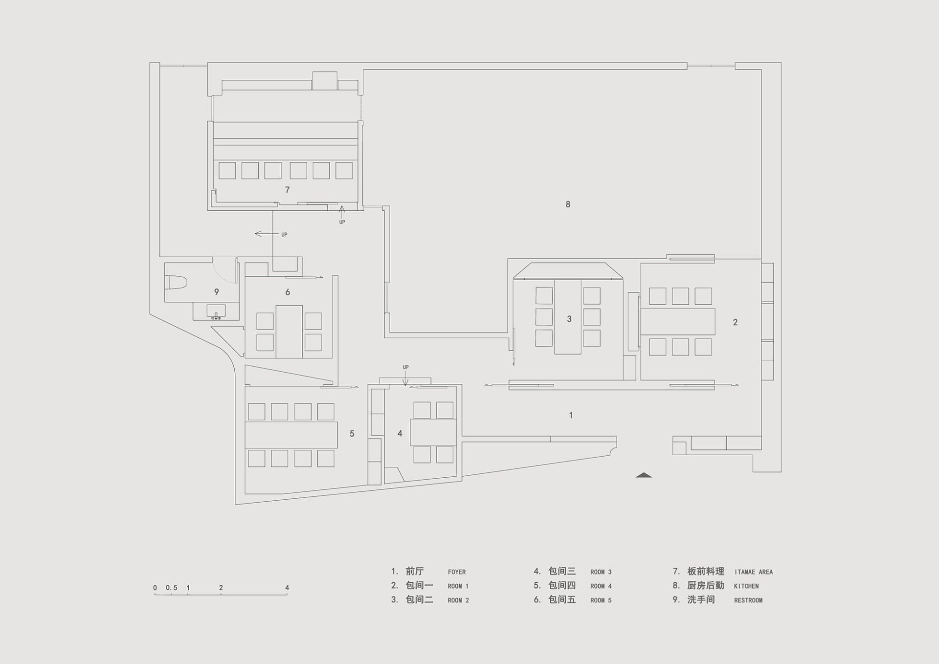 A detailed floor plan of a restaurant showcasing various rooms and sections.