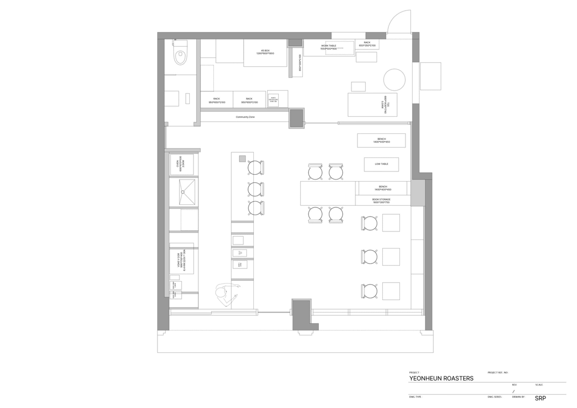 Minimalist coffee shop layout with work tables, benches, and seating arrangements.