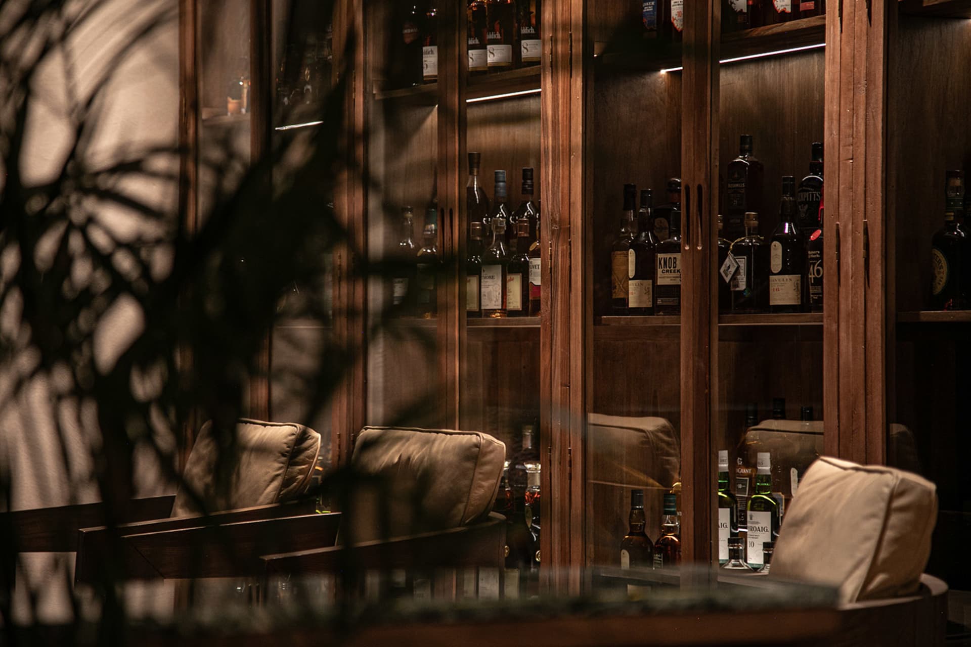 Interior design of a bar with wooden shelves and bottles.