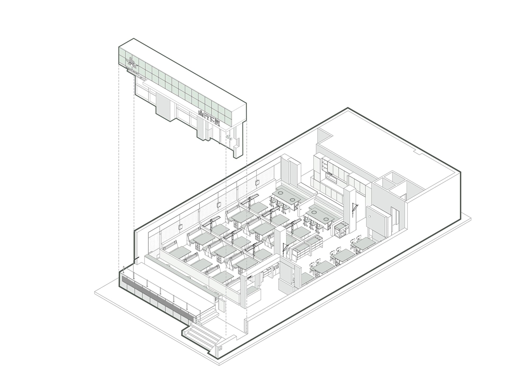 等角建築圖描繪現代工業風辦公室佈局，搭配淺色鋼製家具。