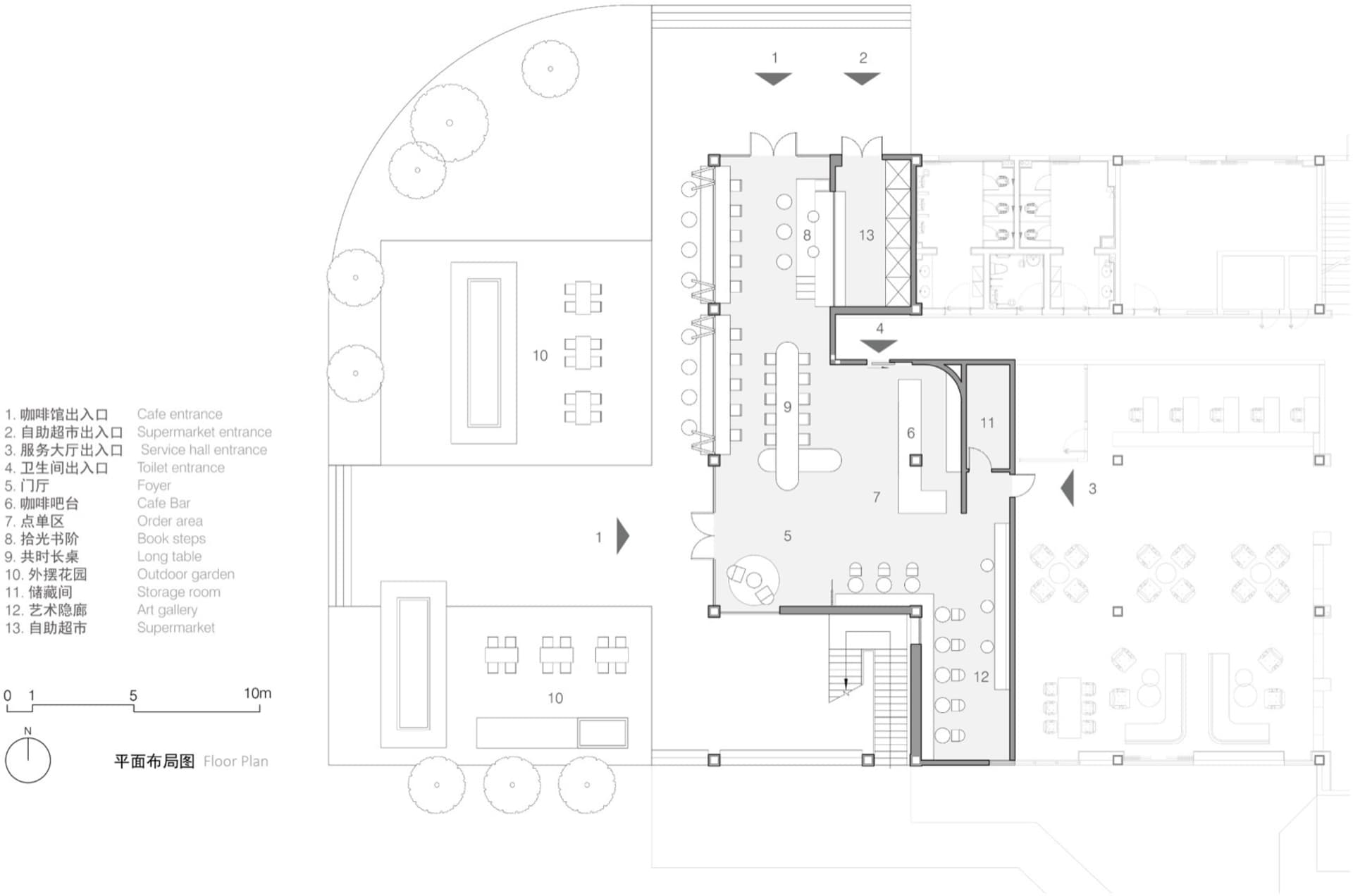 零售空間的詳細平面圖，展示各區域與家具配置。