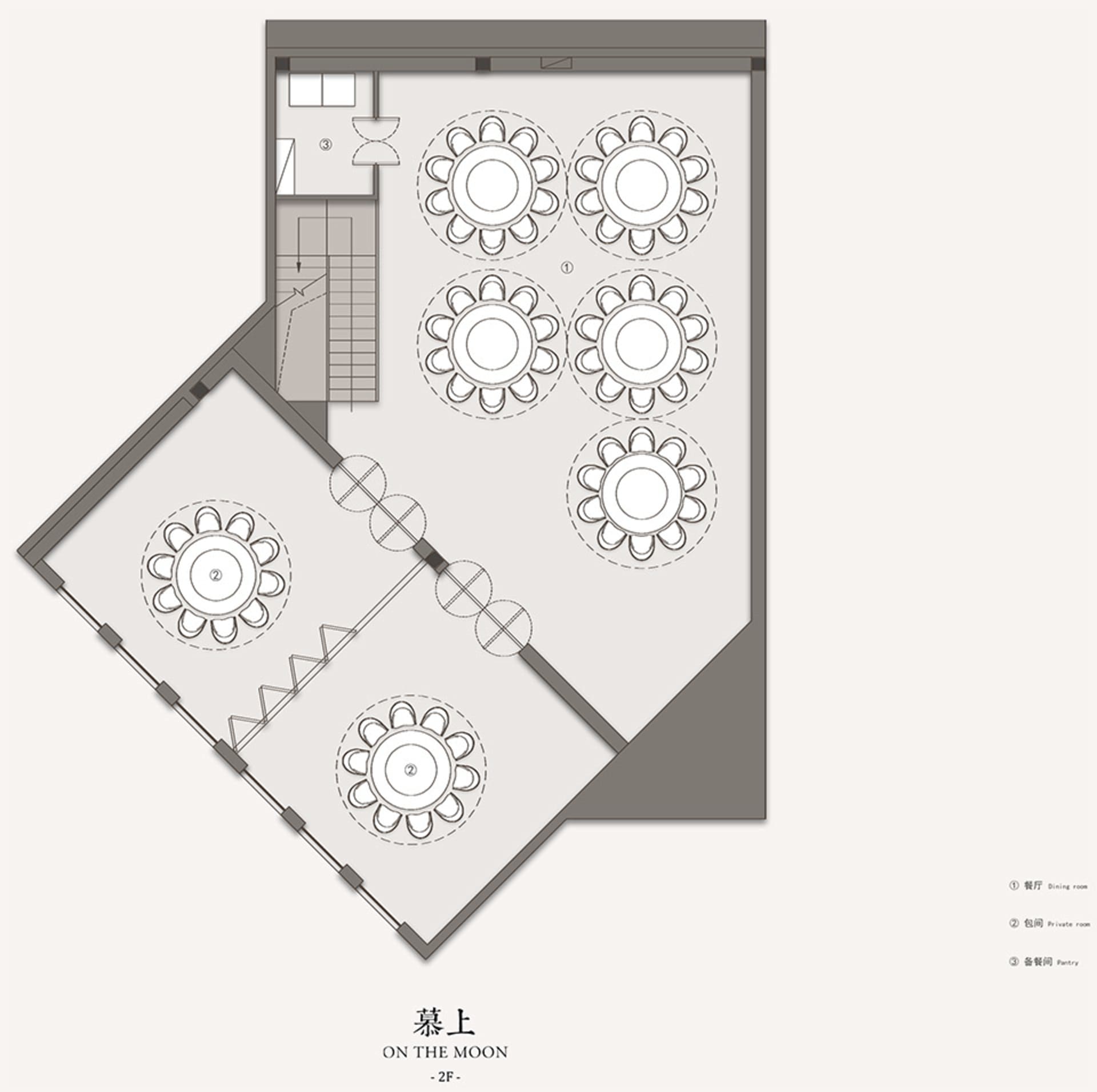 一張黑白細膩的餐廳用餐區建築平面圖。