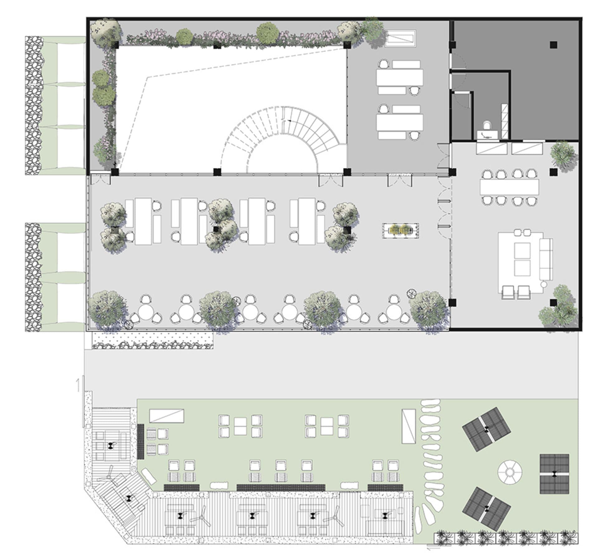 A detailed 2D architectural drawing of a modern office space showing the layout of workstations, meeting areas, and outdoor s