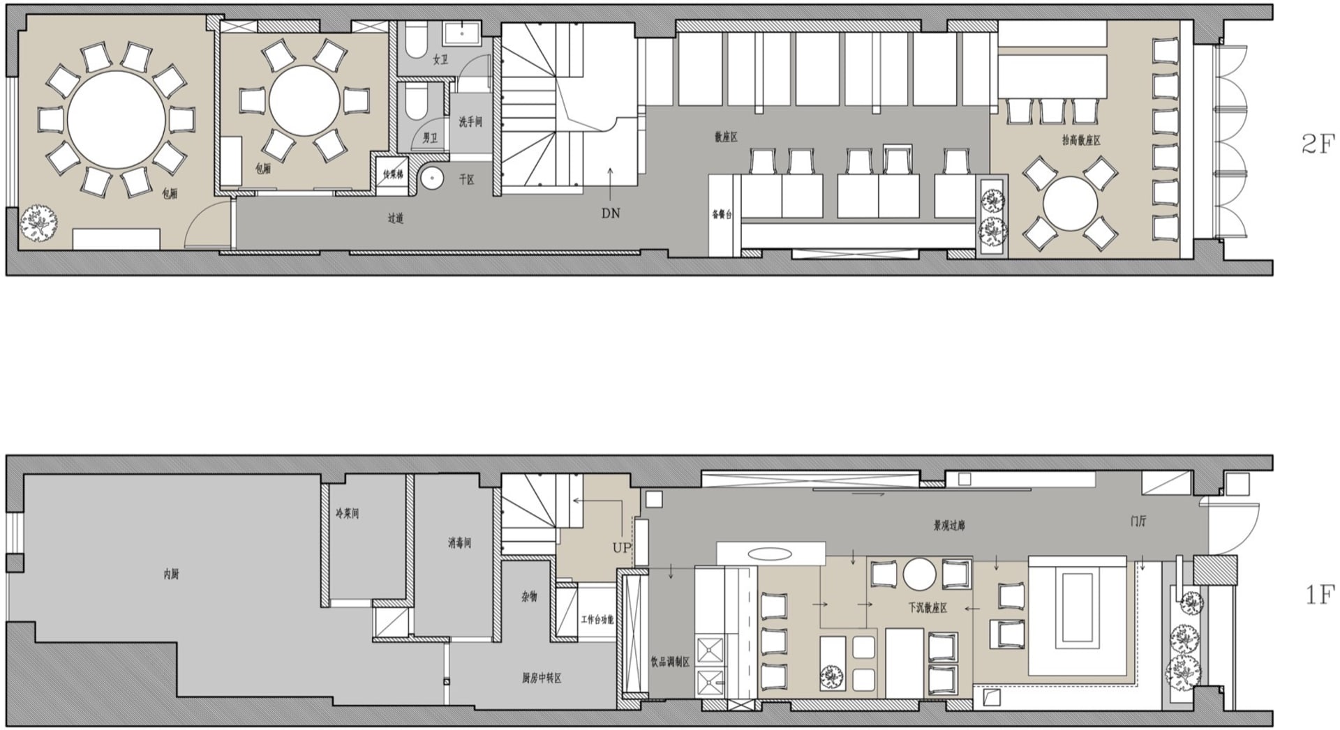 Floor plan of a restaurant depicting the layout of the 2nd and 3rd floors, including dining areas, tables, chairs, and other