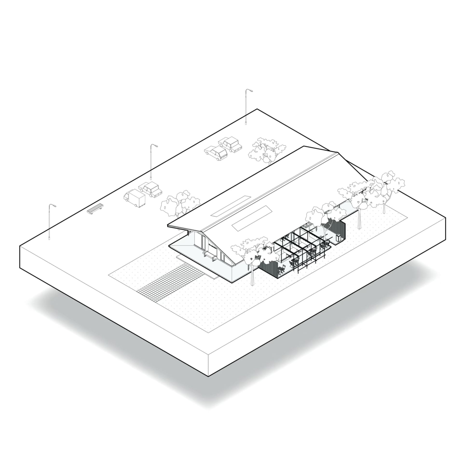 Isometric view of an industrial building exterior featuring glass and steel.