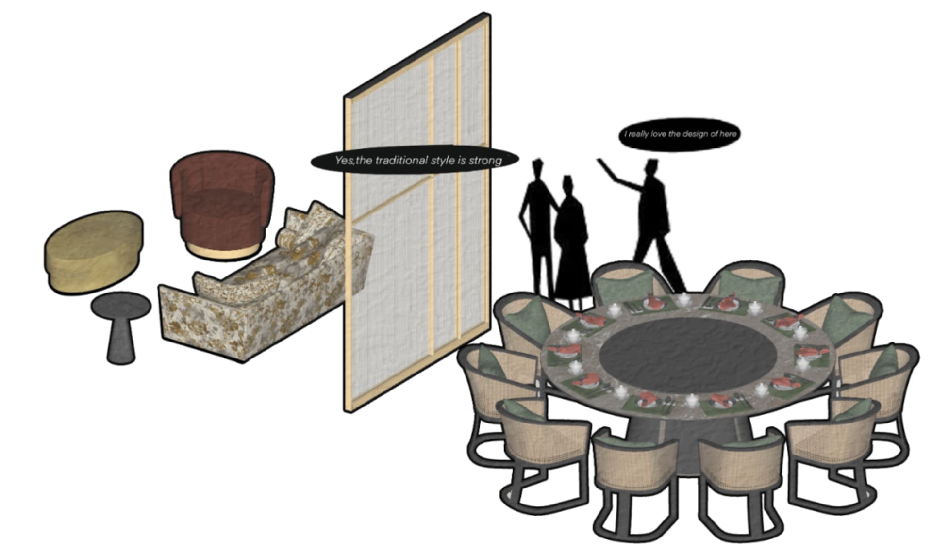 A modern dining room featuring a round table surrounded by chairs, with a traditional-style wooden screen in the background.