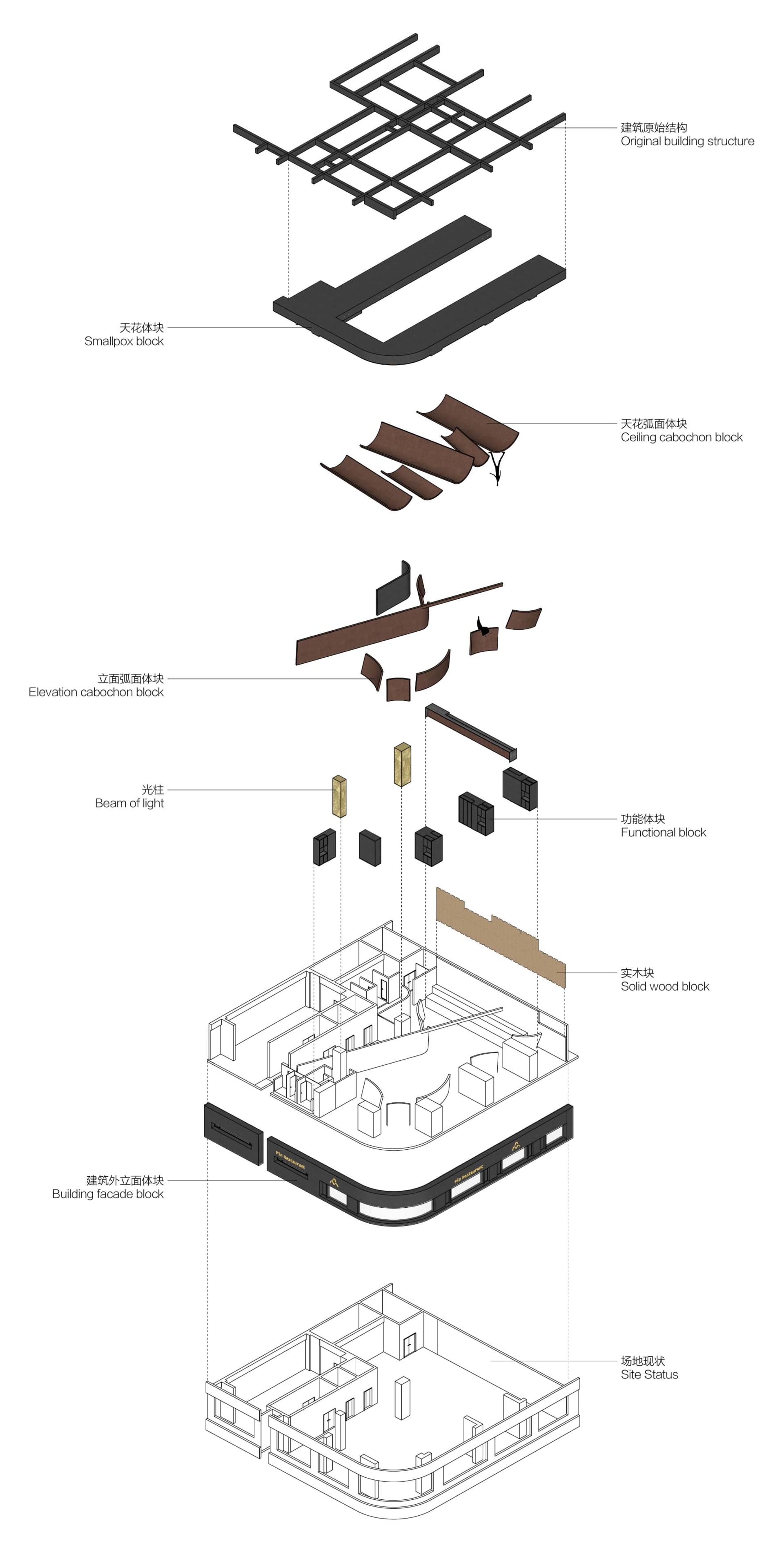一張3D渲染的餐廳室內設計平面圖,展現木質材料與幾何造型。