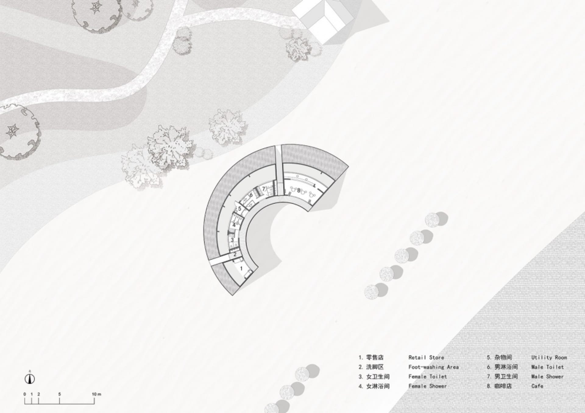 Concrete retail floor plan with marked areas for retail store, foot-washing area, female toilet, female shower, and utility r