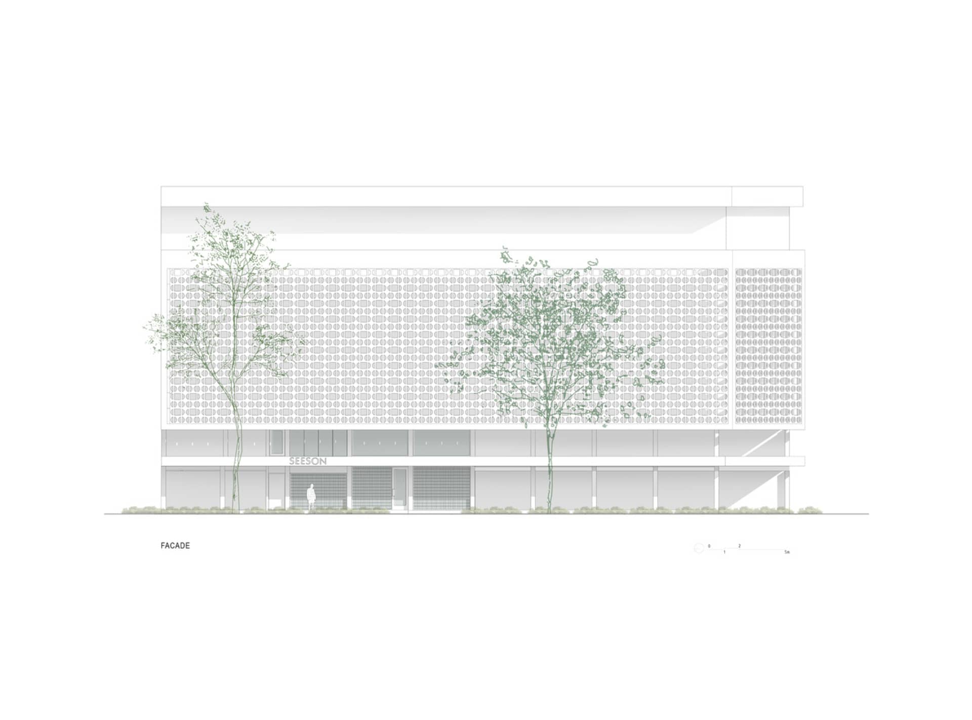 一張建築線條圖，描繪一座現代零售店面，擁有金屬框架與玻璃面板的立面。
