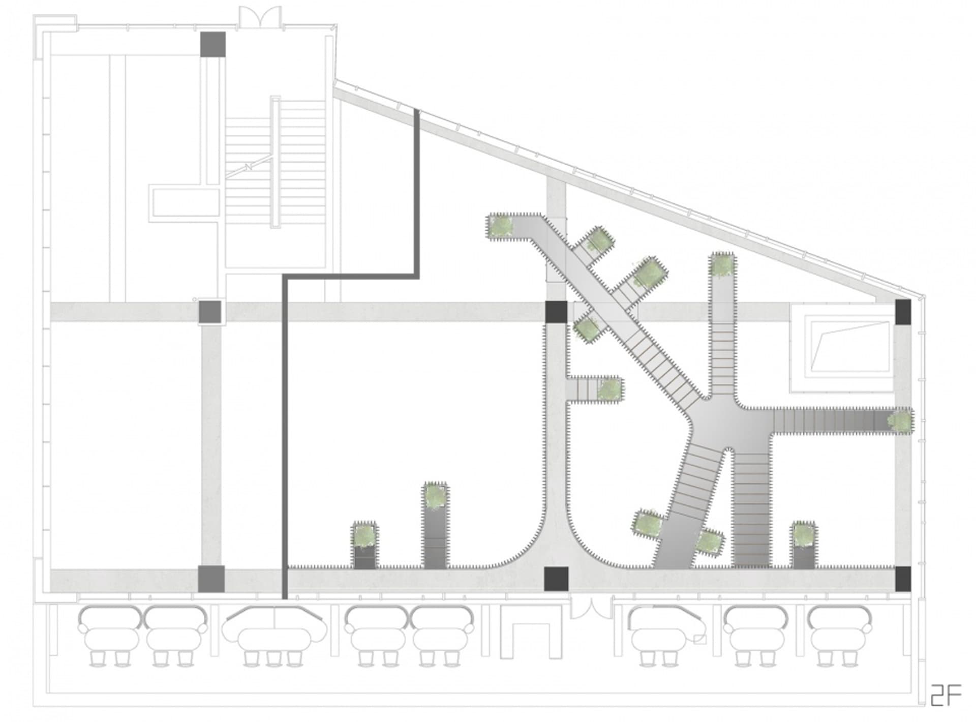 2D architectural drawing of an office layout featuring concrete and metal elements.