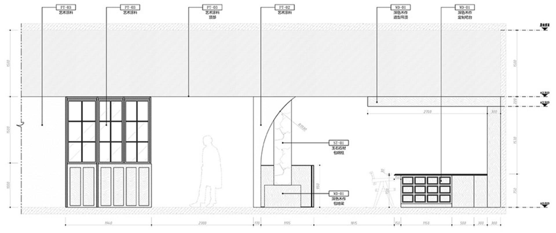 一張詳細的2D建築圖,呈現採用玻璃與鋁材的零售店面。