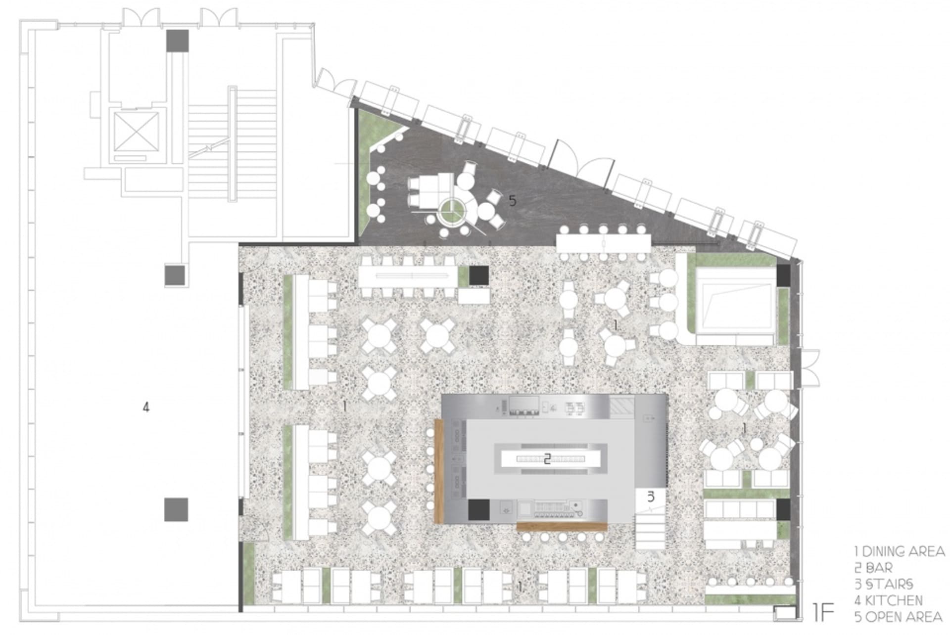 Floor plan of a restaurant interior featuring a terrazzo floor with dining areas, bar, stairs, kitchen, and open area.