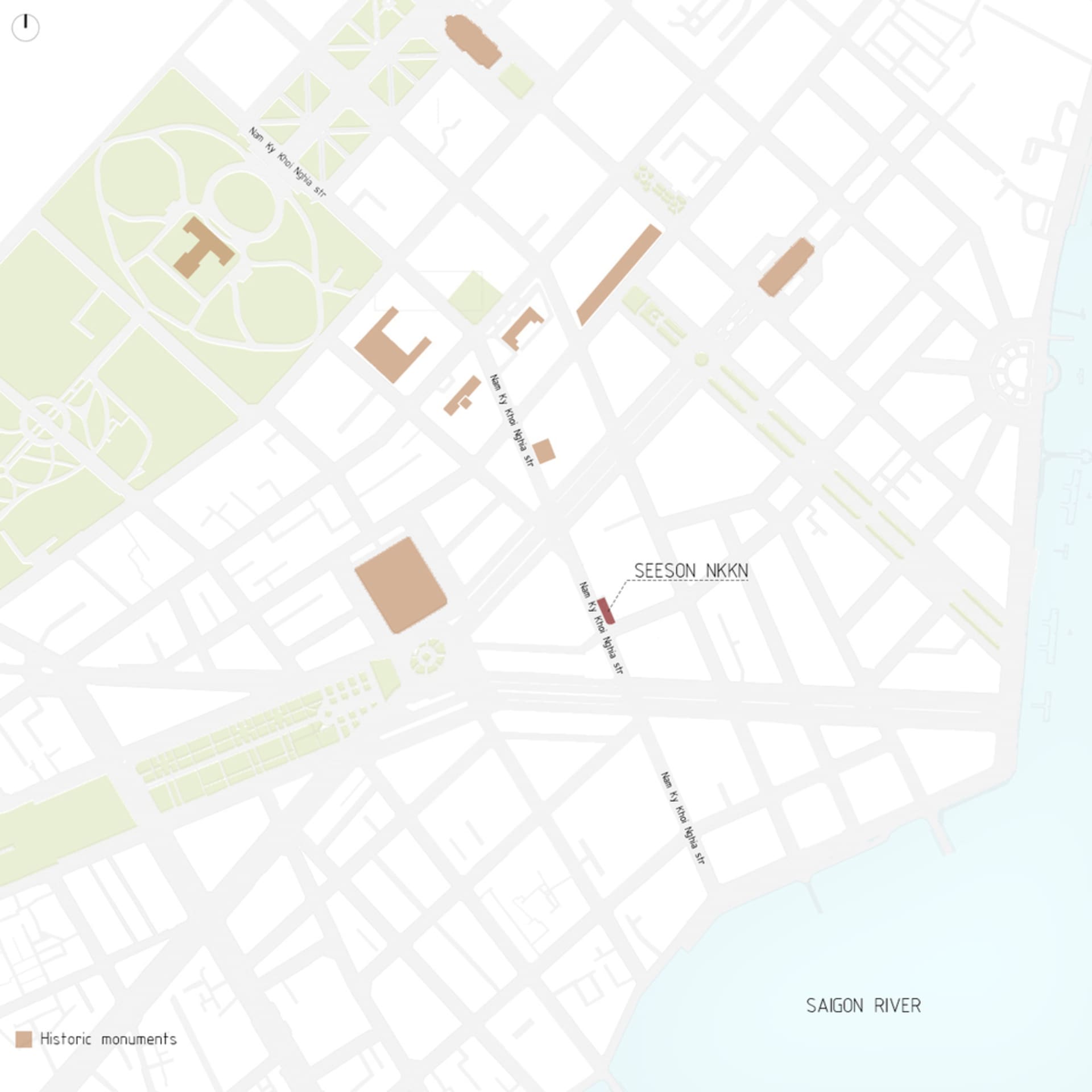 A detailed urban plan with pink tiles highlighting specific areas.