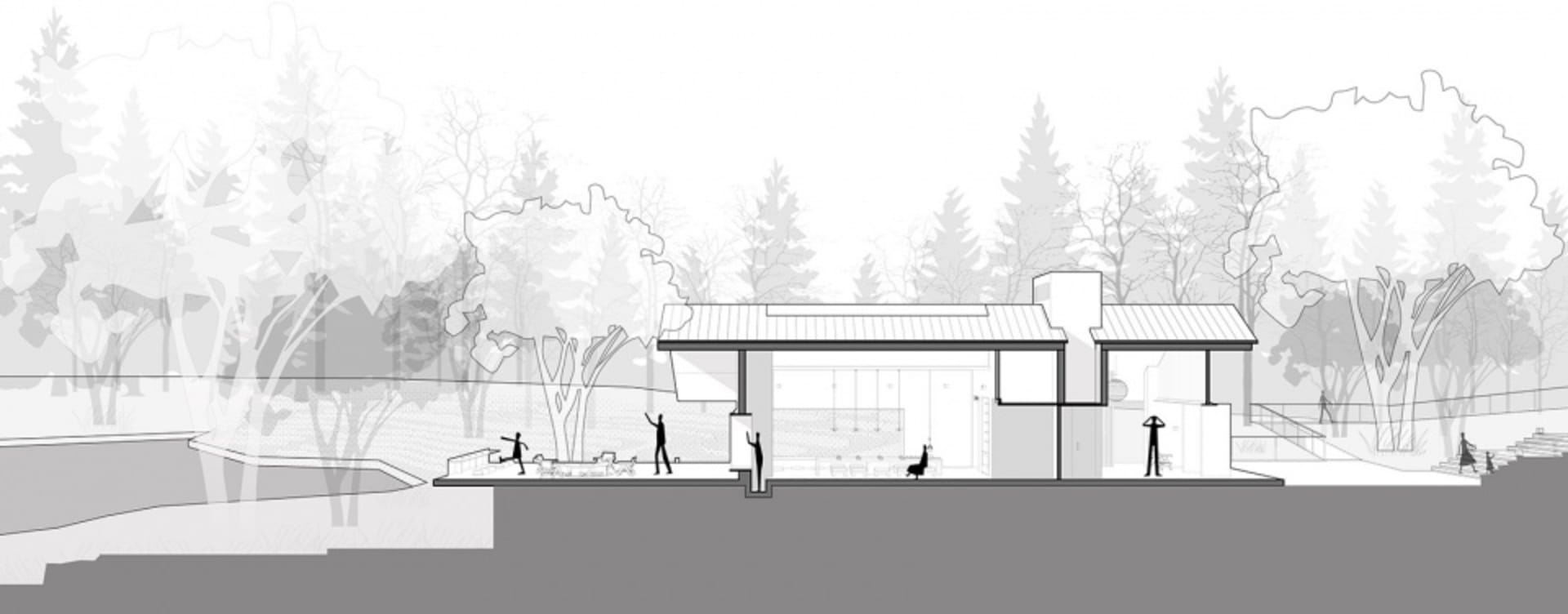 Perspective view of a modern architectural rendering.