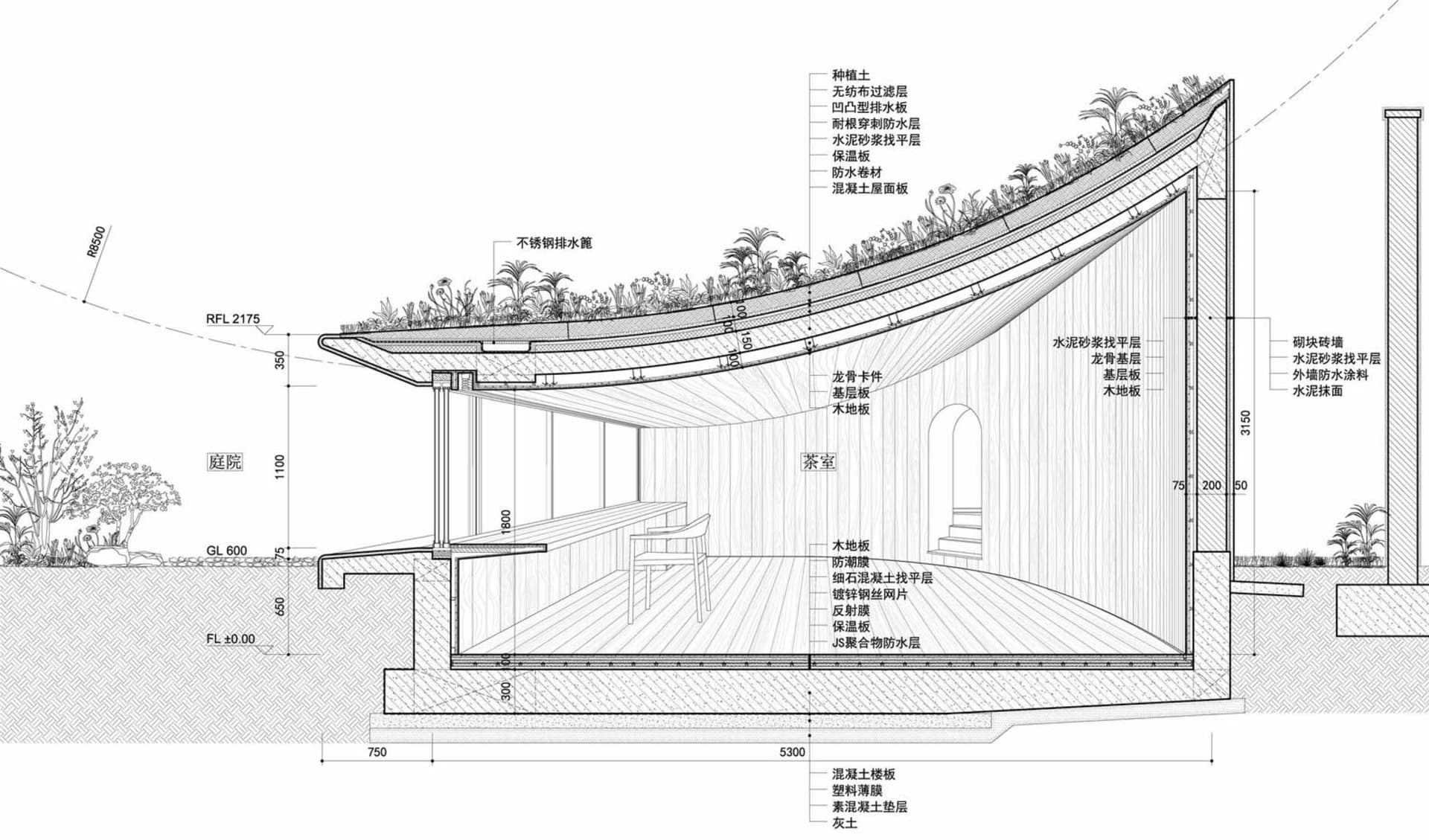 Cross-sectional architectural drawing of an outdoor wooden pavilion with a living roof.