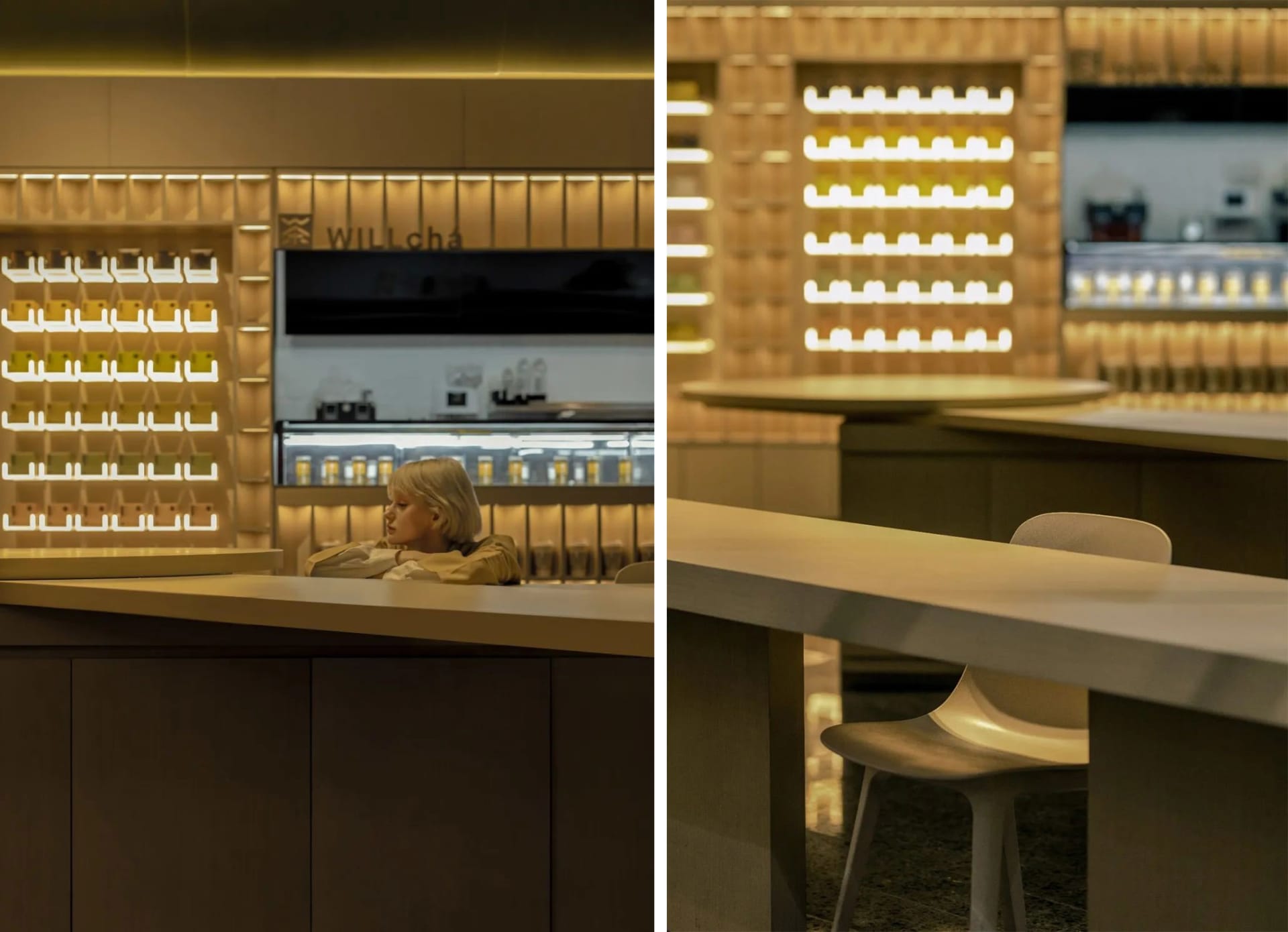 A modern restaurant interior featuring a bar counter with acrylic lighting.
