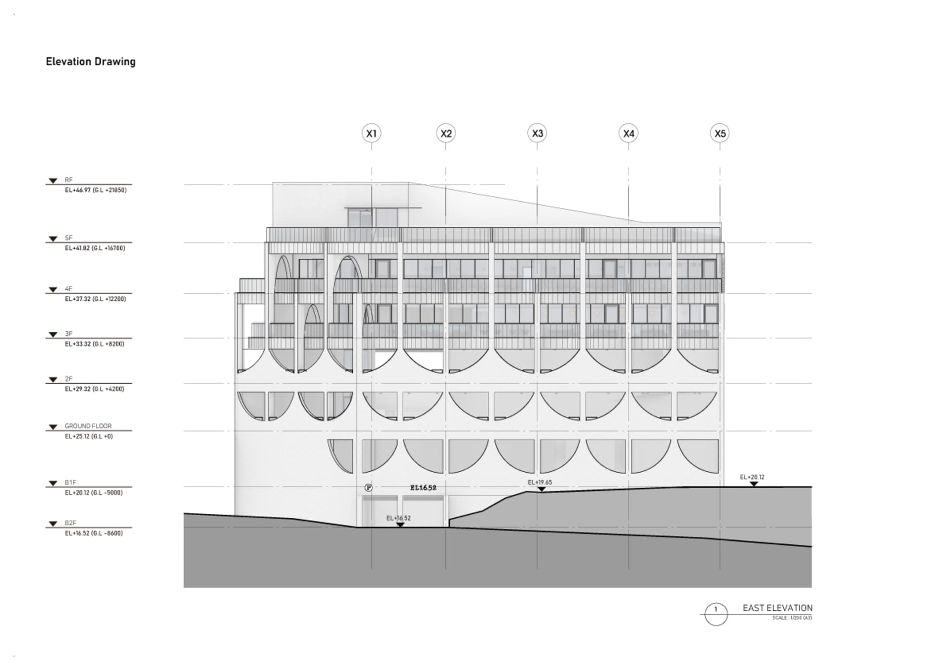 Elevation drawing of a building with concrete and glass materials, labeled with floor levels and sections X1, X2, X3, X4, and