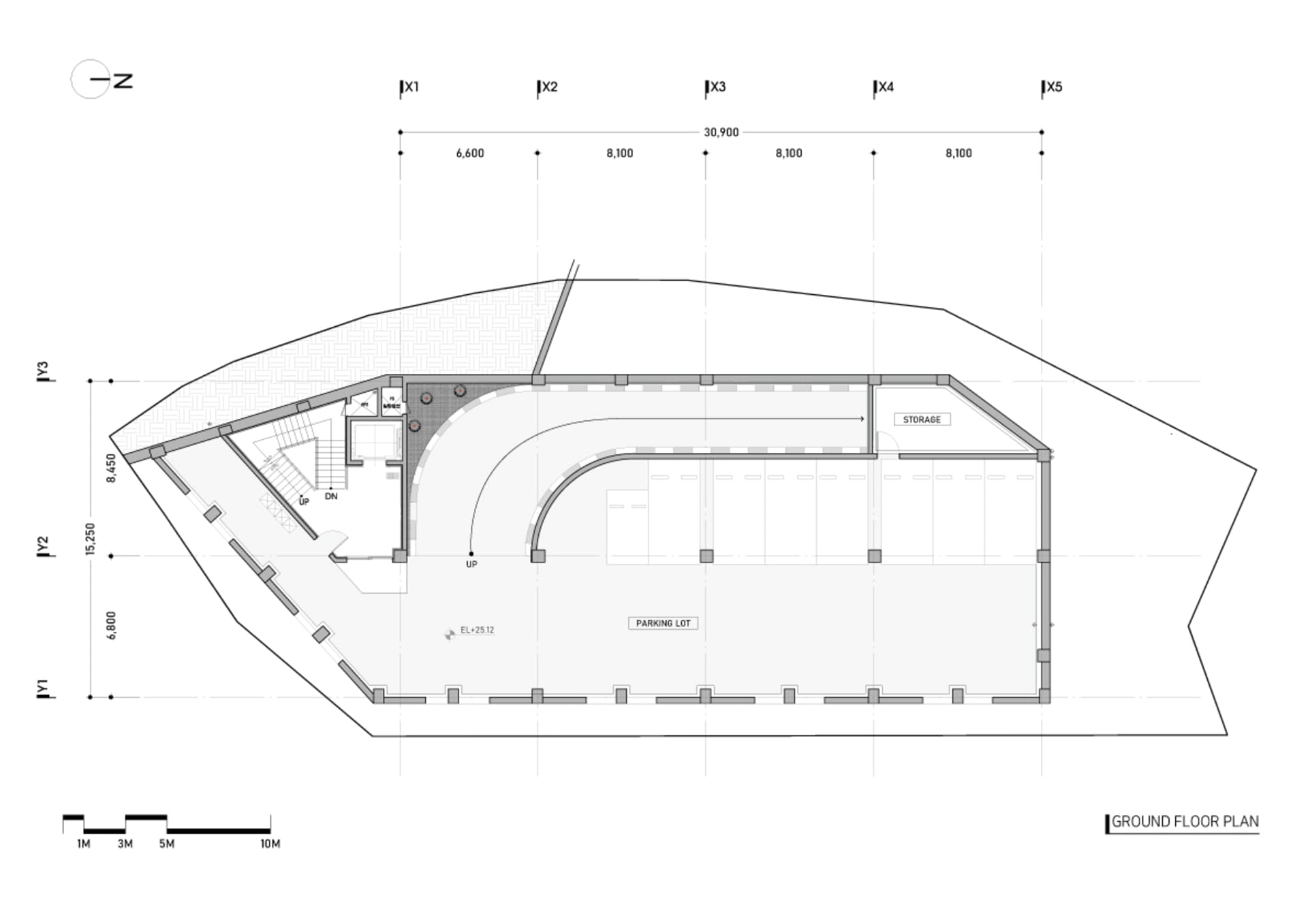 2D architectural drawing of an industrial ground plan with designated storage and parking lot areas.