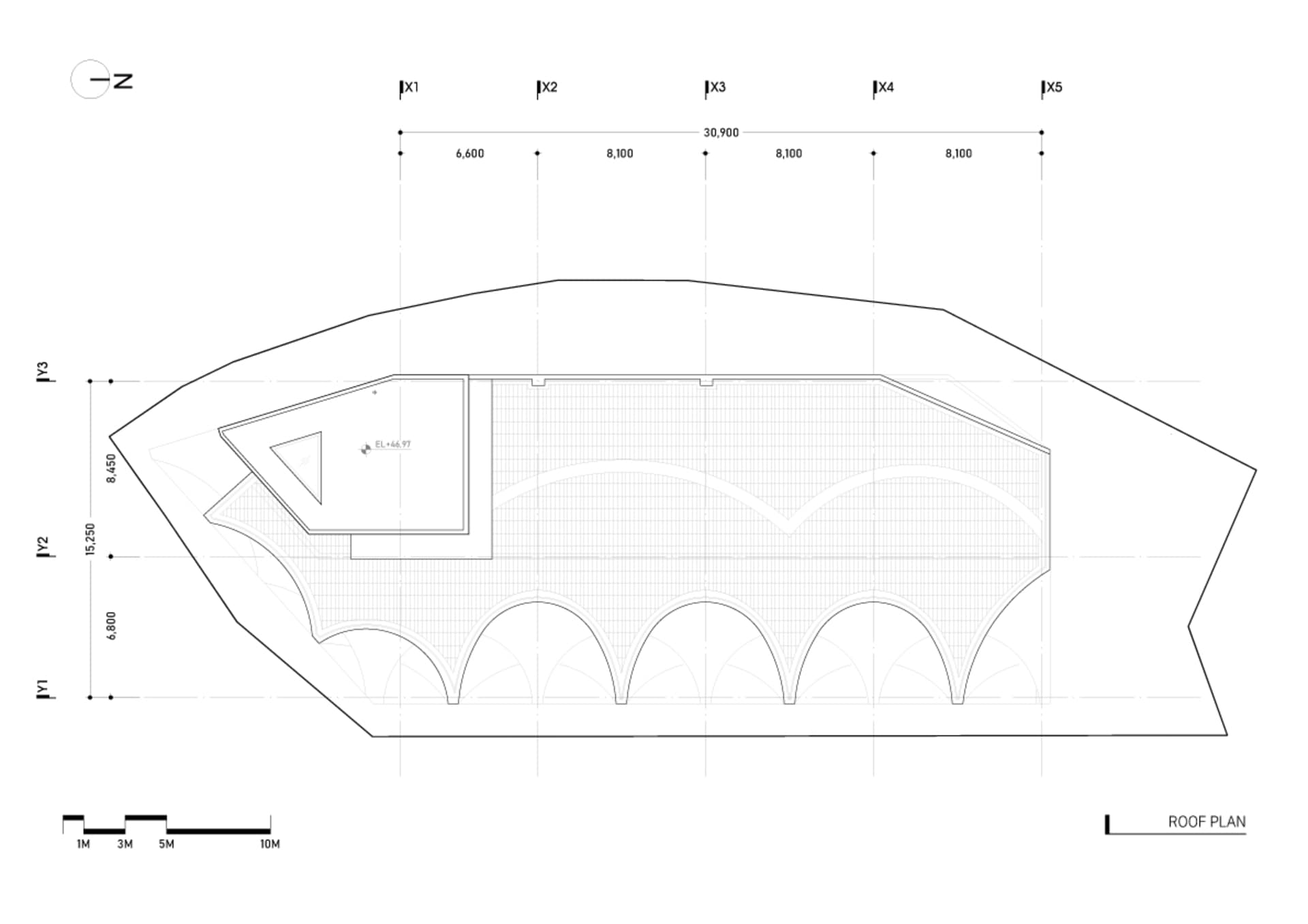 A modern roof plan with concrete structural elements, detailing straight and curved lines, and dimensions indicated for archi