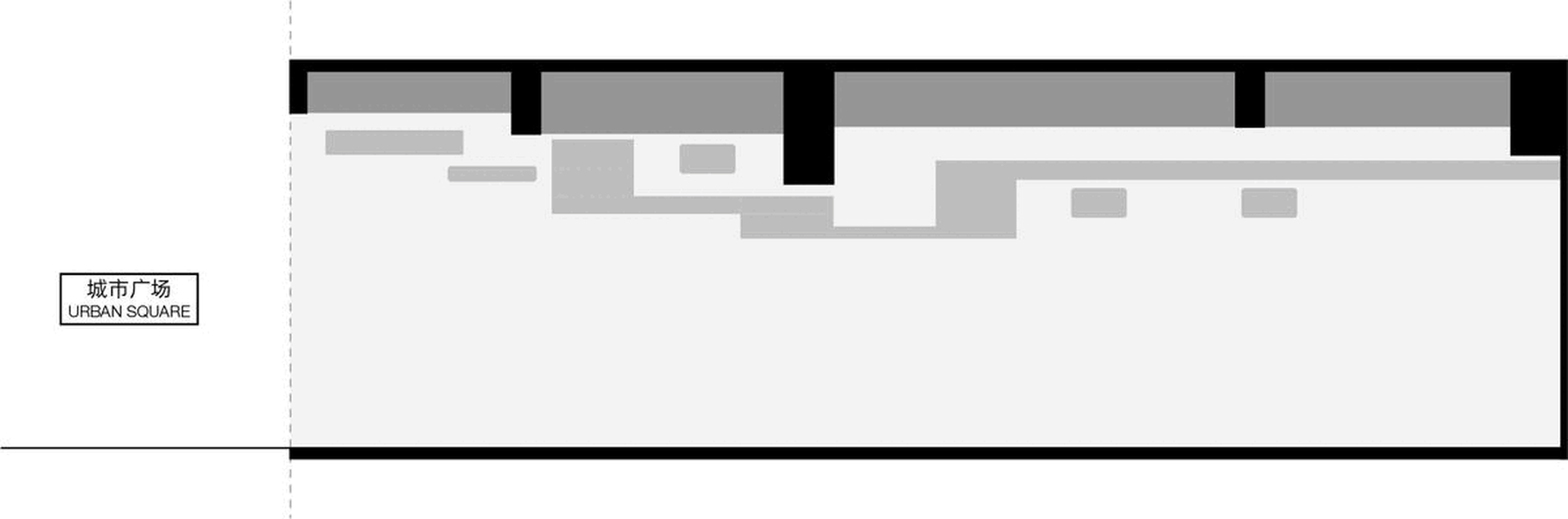 A grayscale urban planning diagram showcasing a city square layout.