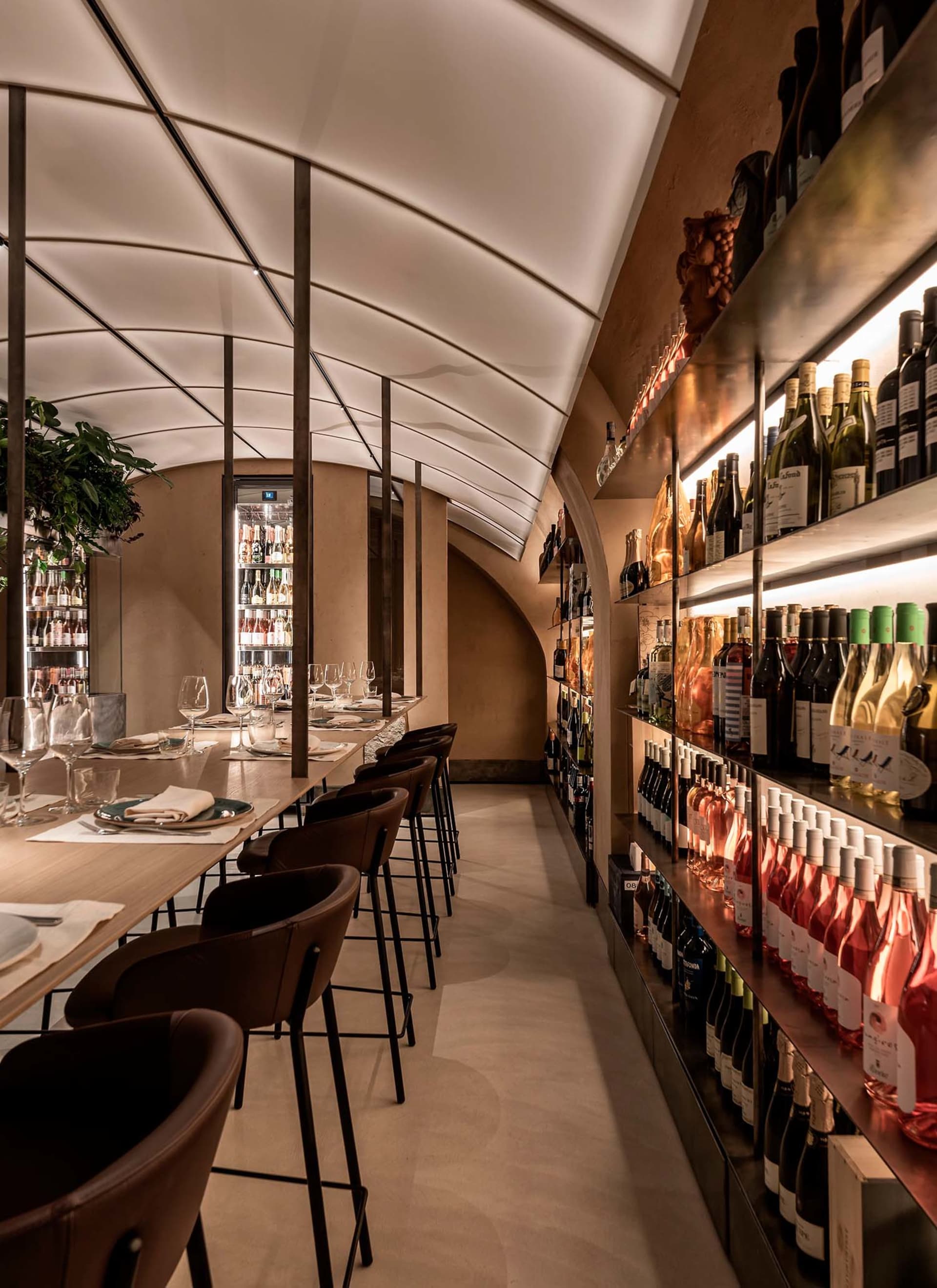Modern restaurant bar with metal, wood, and glaze materials