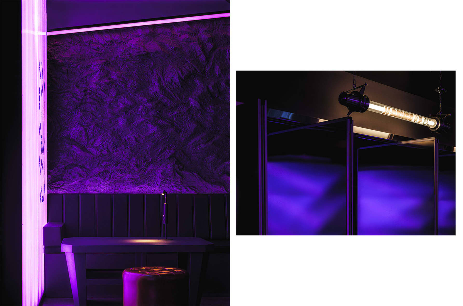 Interior design of a modern restaurant featuring concrete walls and a minimalist design.