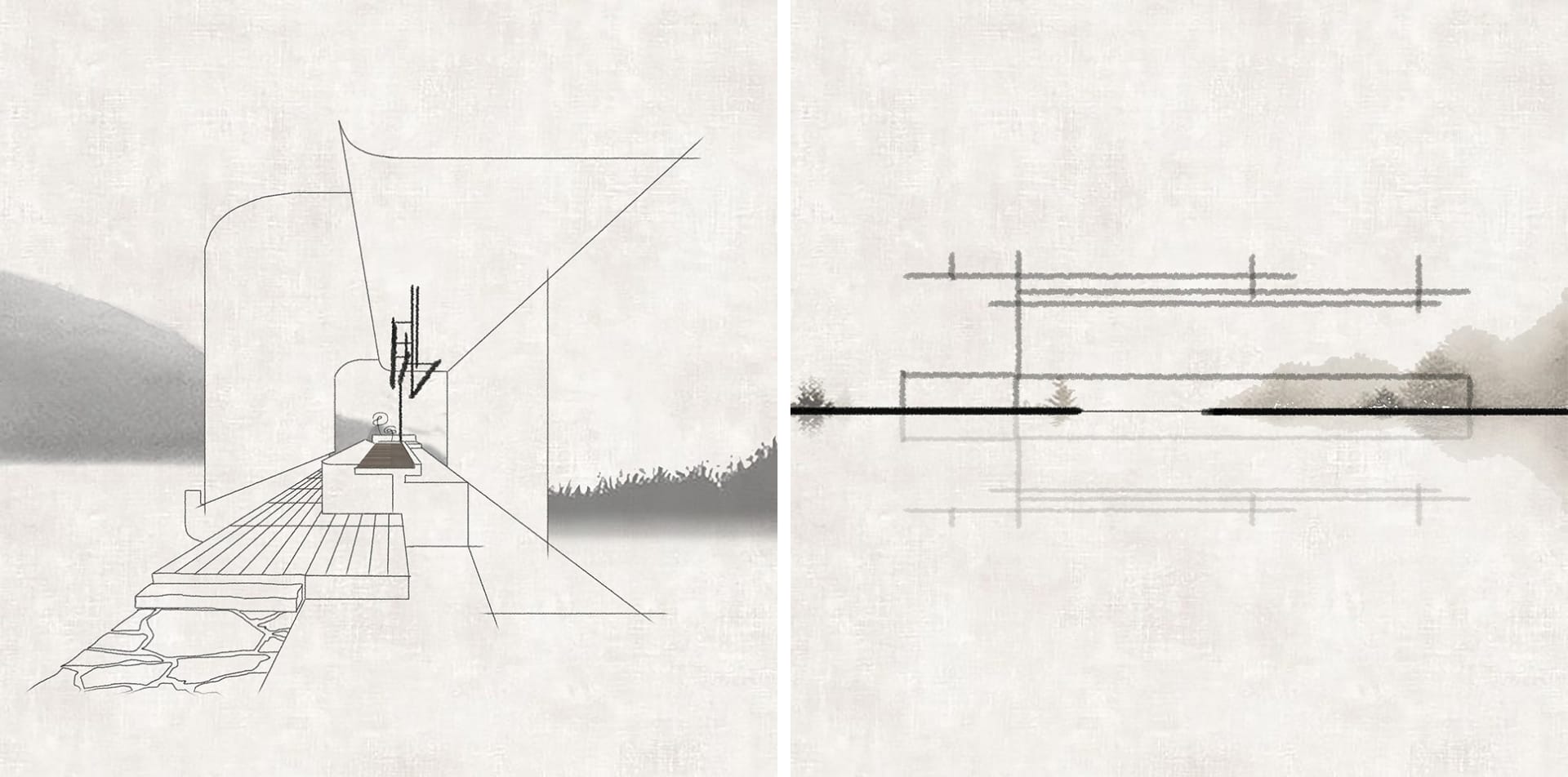Sketch of a wooden outdoor platform along a waterfront with steps leading to the water and a structure in the background.