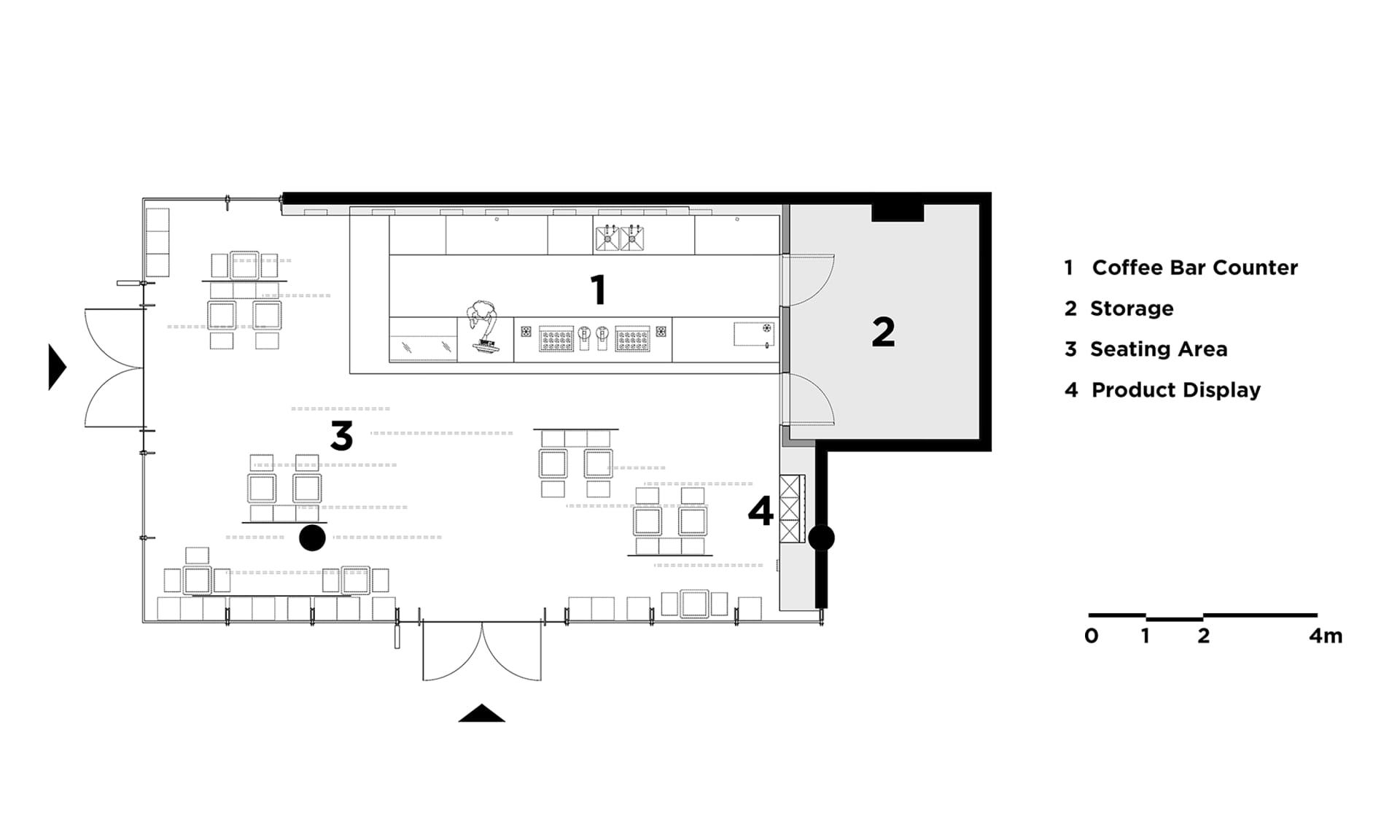 2D architectural drawing of an industrial-style coffee shop layout showing coffee bar counter, storage, seating area, and pro