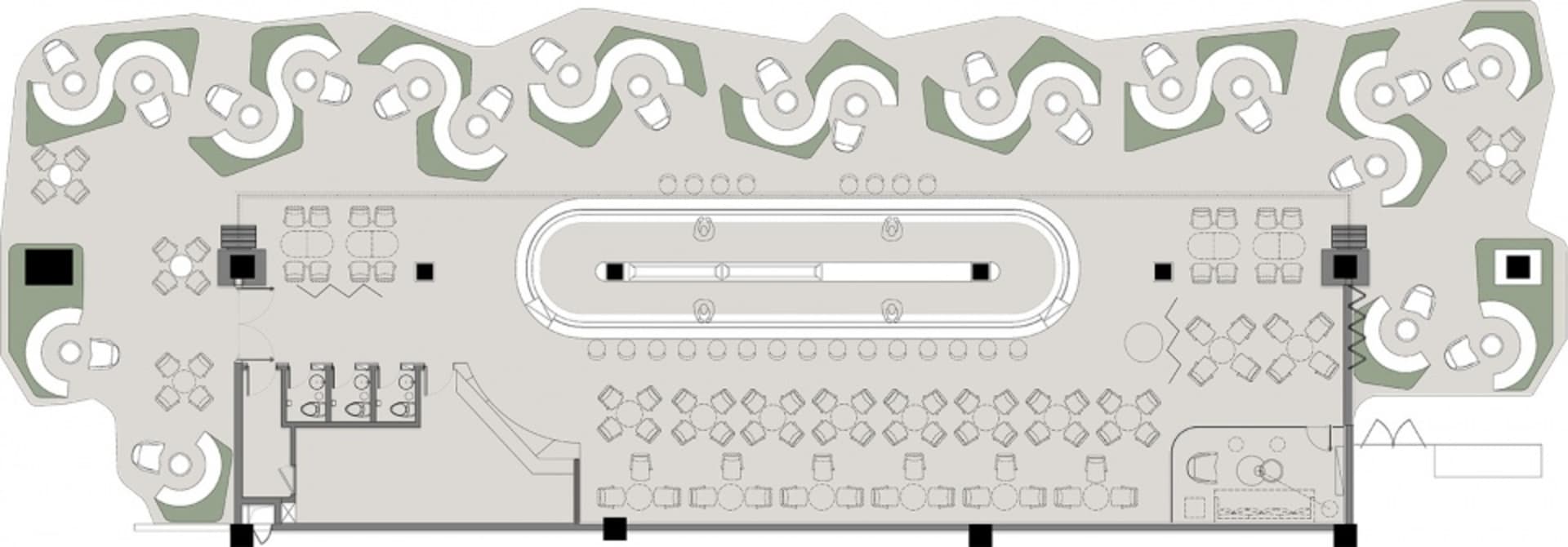 2D architectural drawing of a cafeteria with a white tiled floor, tables, and chairs arranged in a grid pattern around a cent