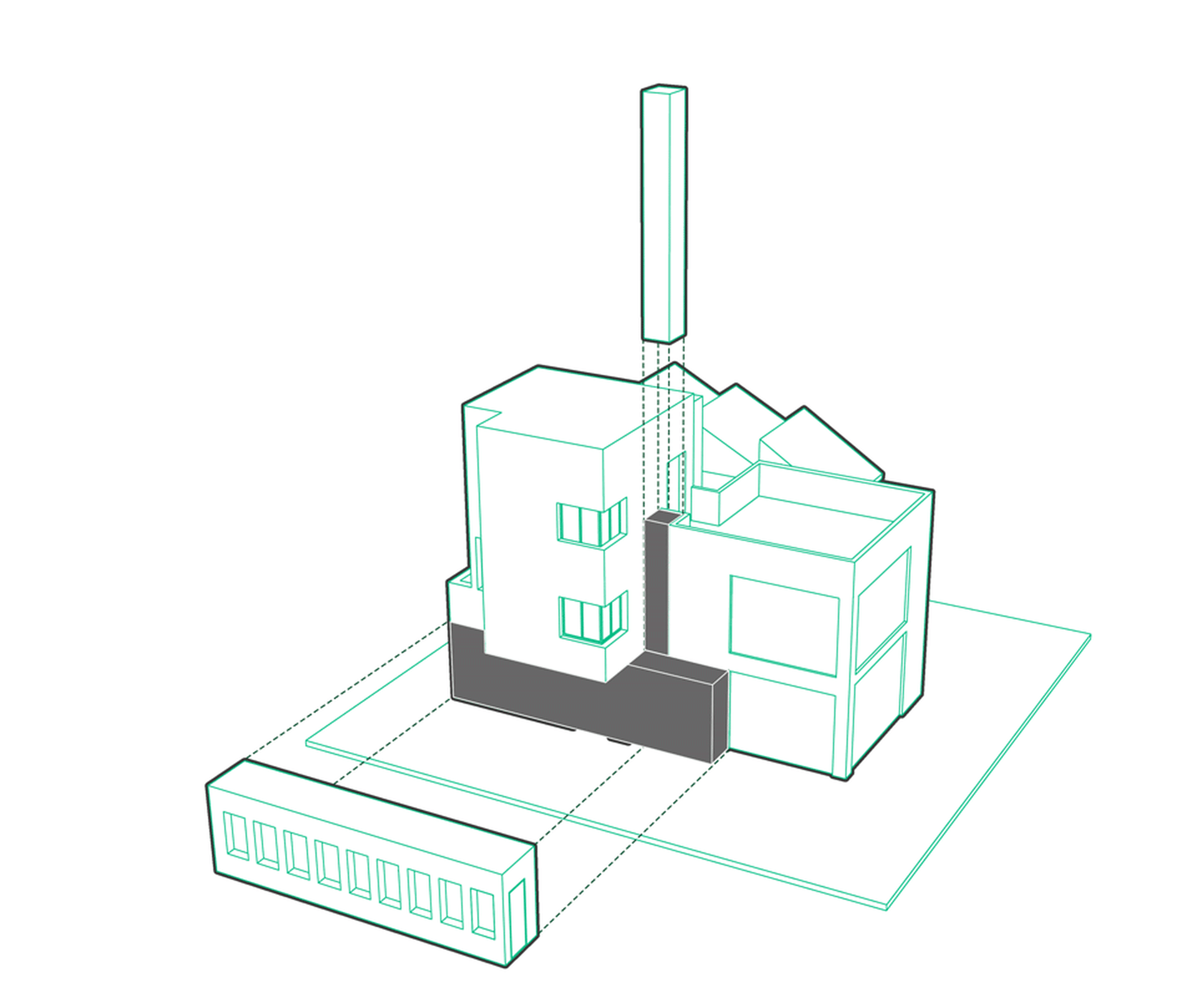 An architectural drawing depicting an industrial building exterior constructed from brick, concrete, and glass materials.