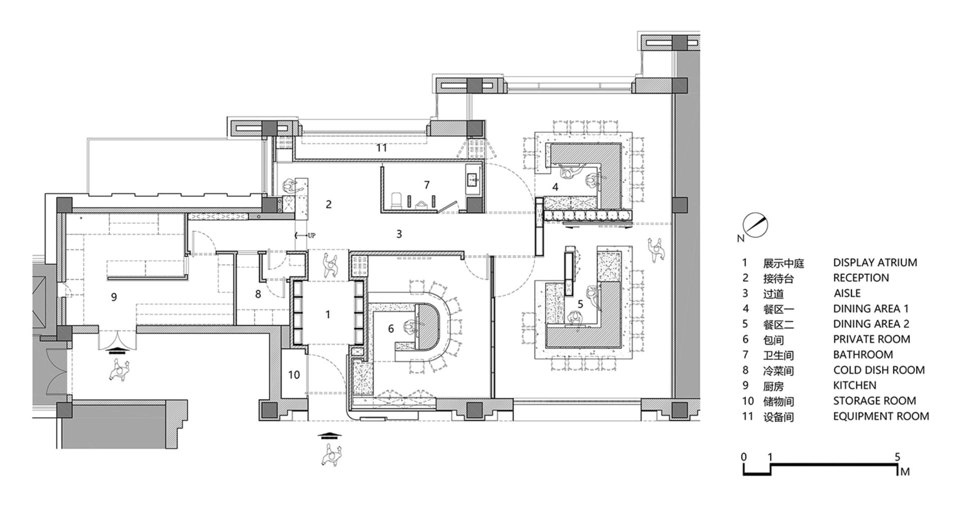 一張現代餐廳佈局的詳細2D建築圖