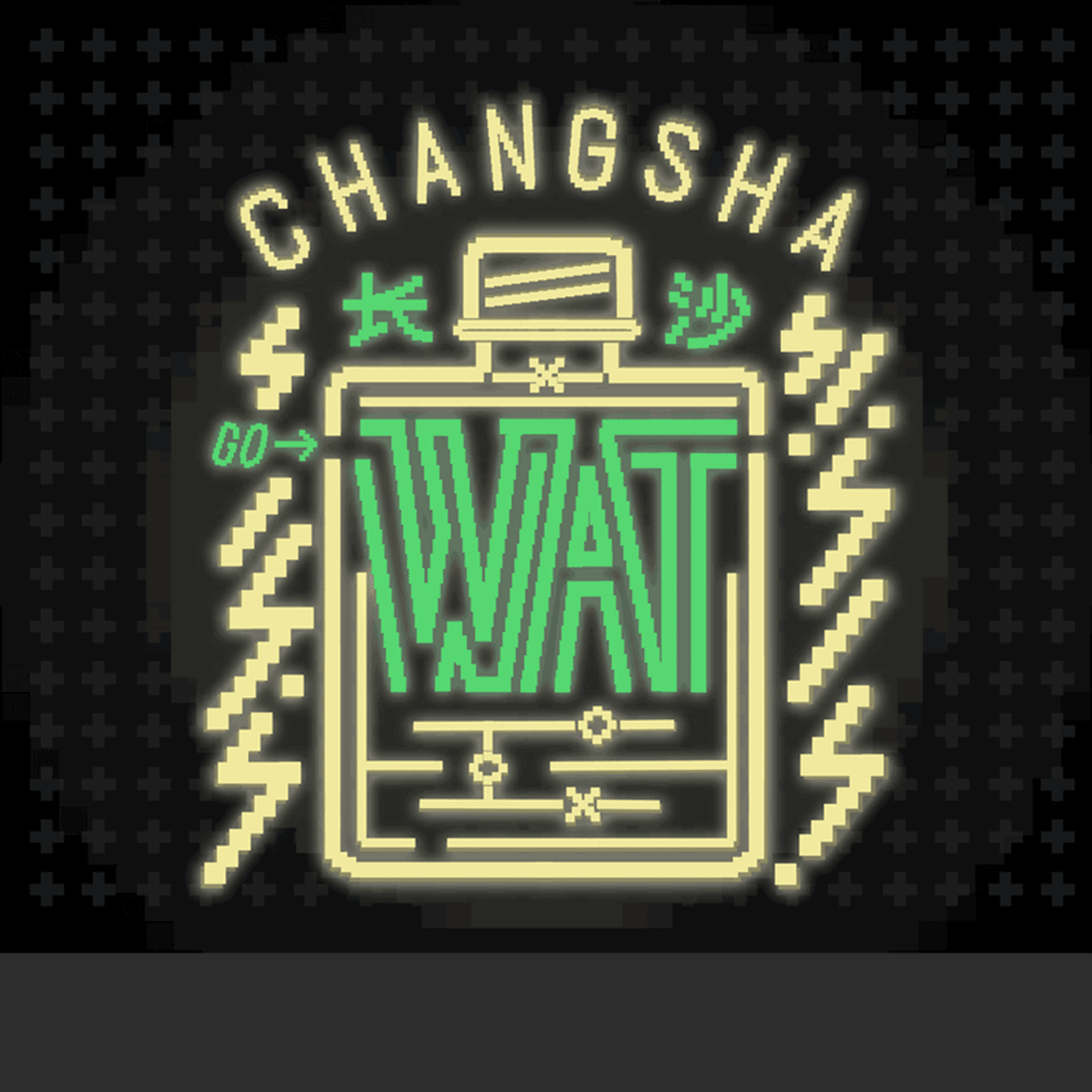 A neon-style sign with the text 'CHANGSHA WAT' surrounded by geometric shapes and Japanese characters.