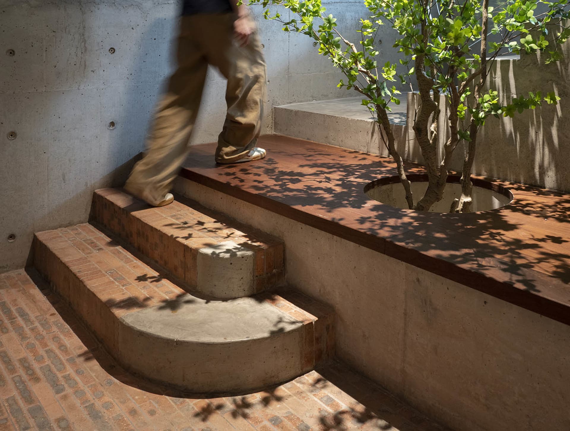 A person walking on a wooden platform surrounded by green foliage and brick stairs.