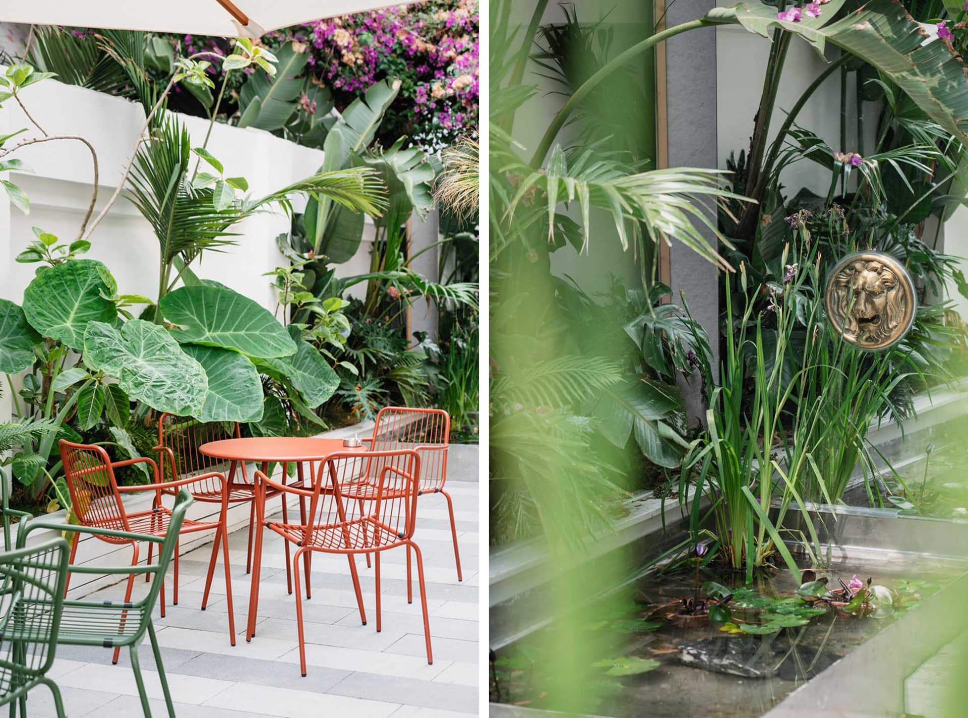 Outdoor patio area with metal furniture surrounded by lush green plants and flowers.