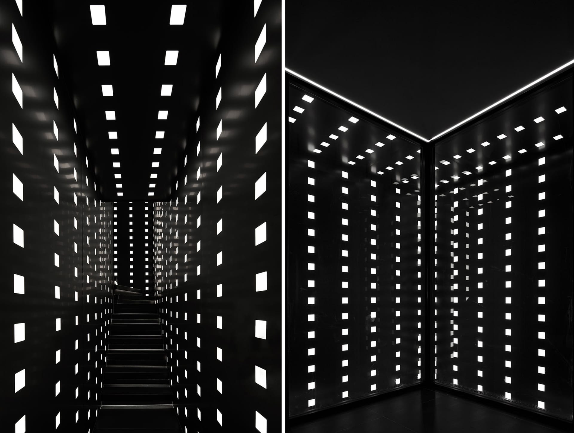 A minimalist interior design featuring glass panels with square cutouts.