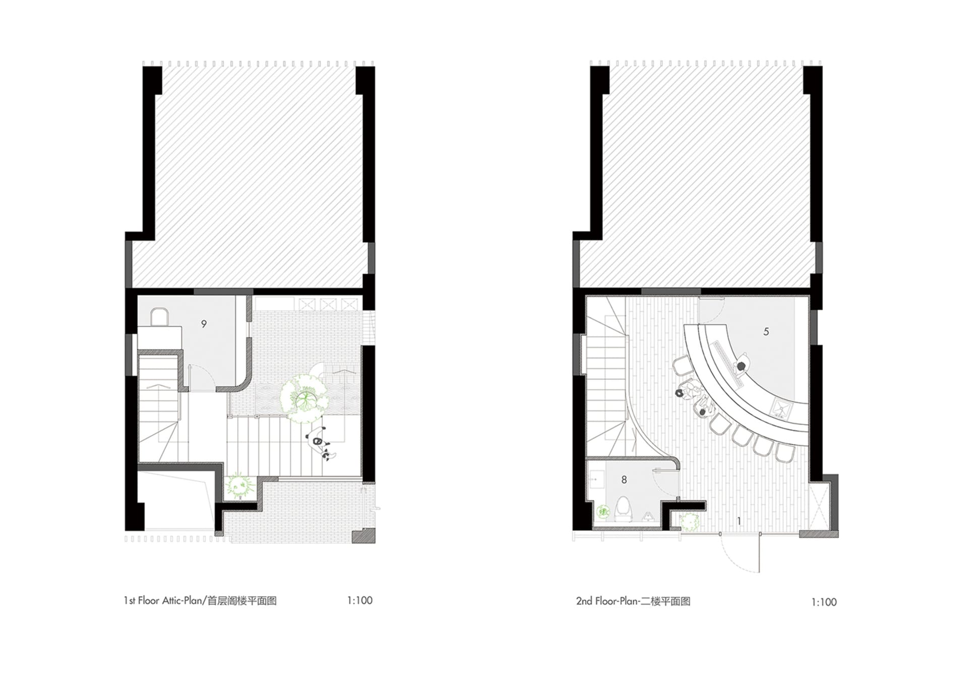 Floor plan of a modern residential space featuring steel and concrete elements