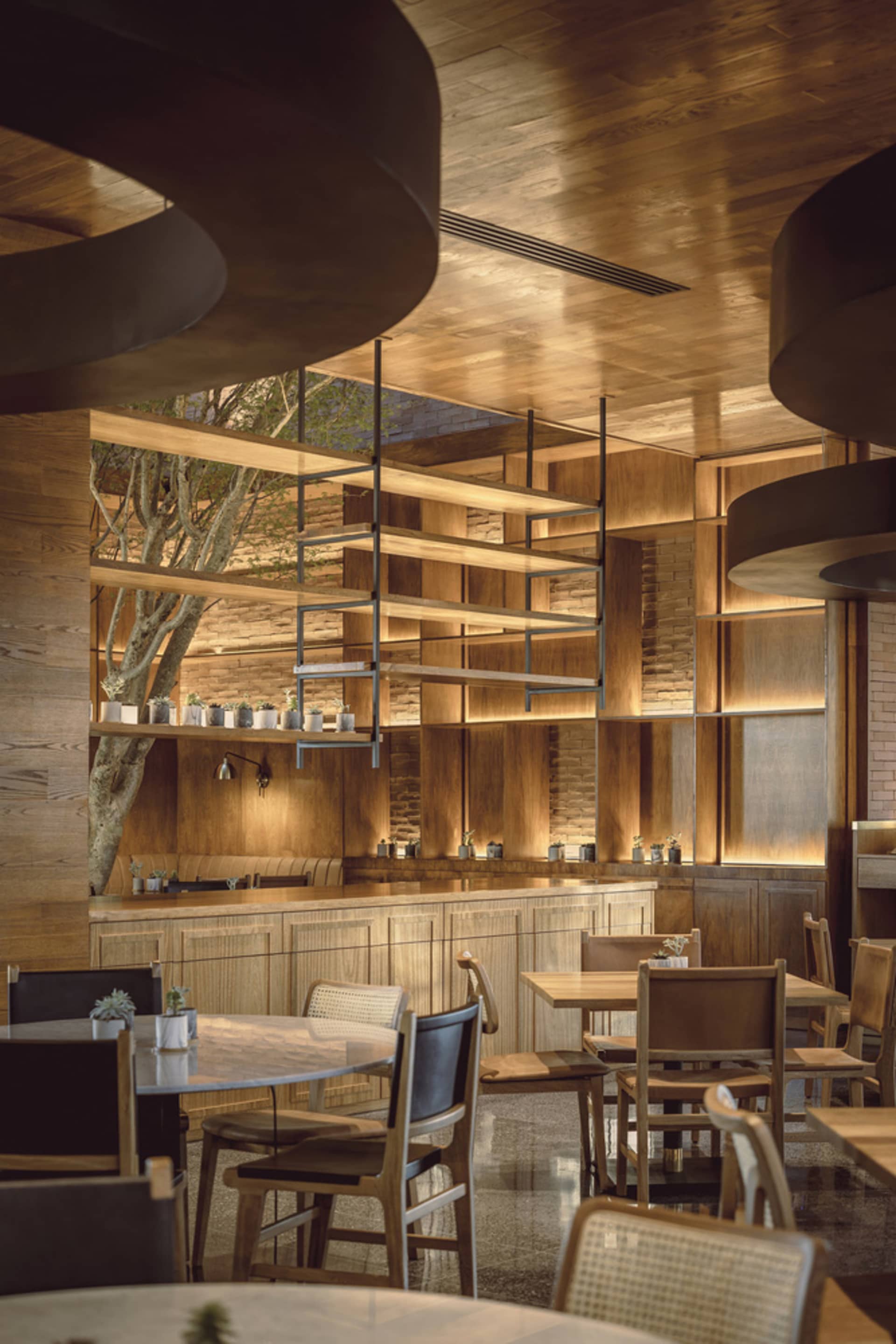Modern restaurant bar featuring wooden shelves and decor.
