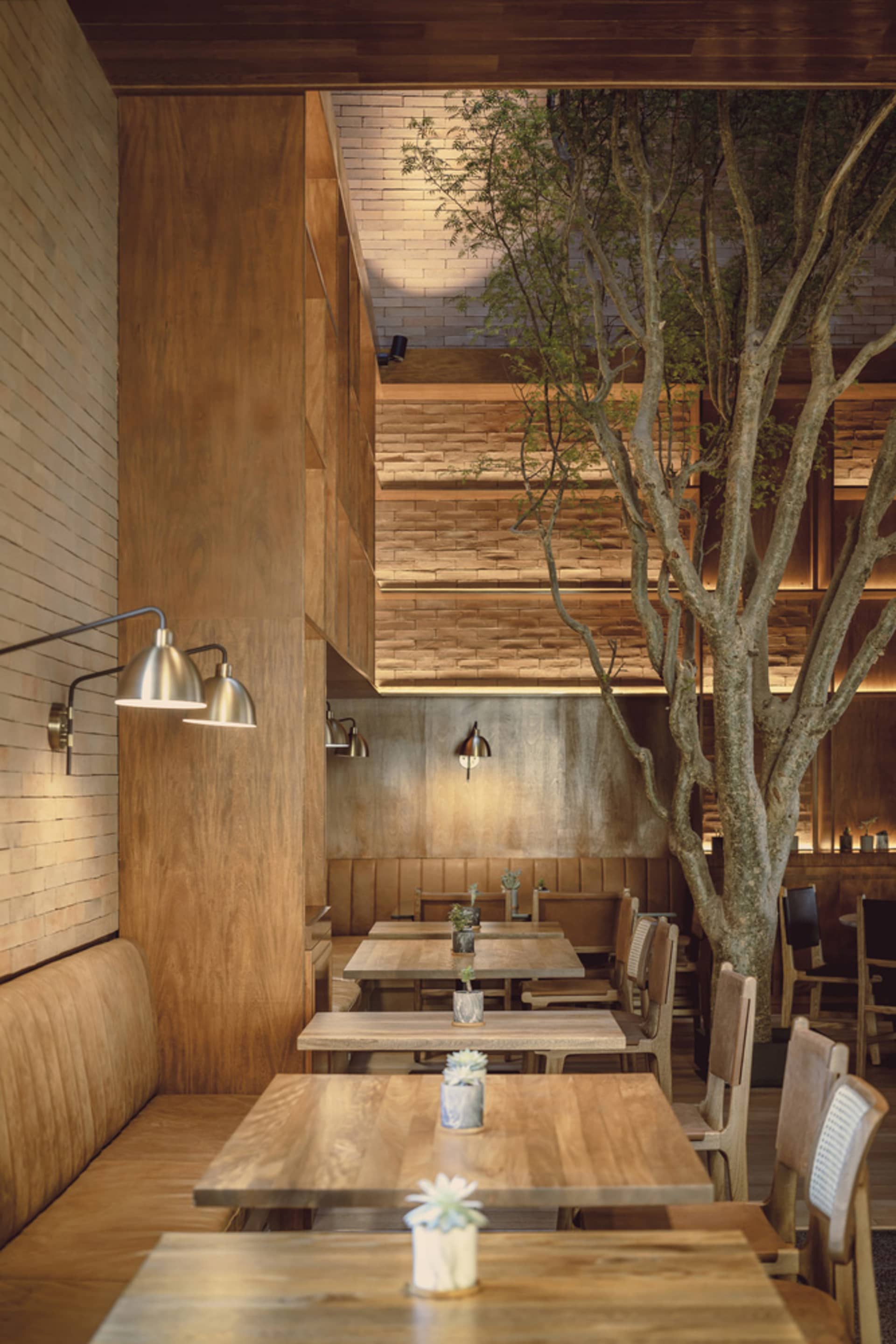 An industrial-style restaurant interior with wooden tables, wall-mounted lights, and a live tree in the center.